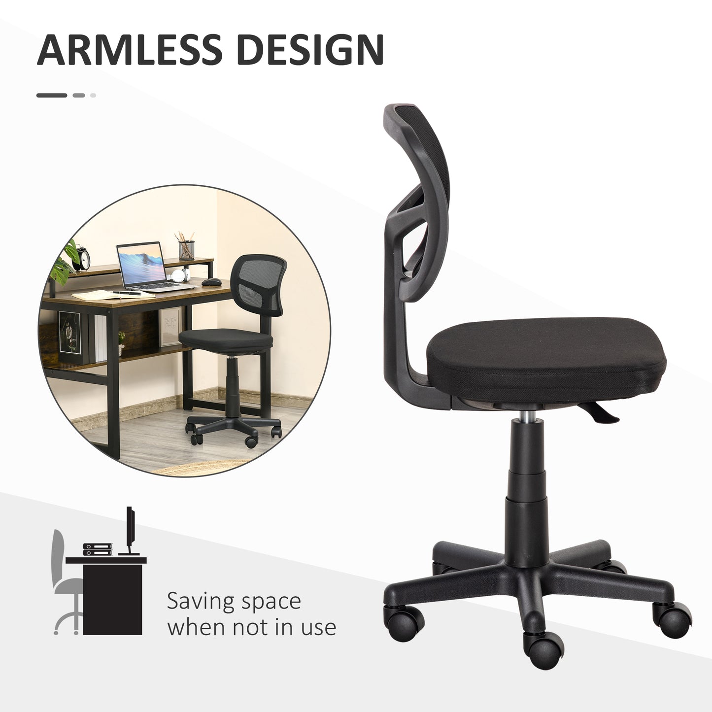 Vinsetto Ergonomic Swivel Mesh Desk Chair, Armless, Curved Back, Height Adjustable, Wheels, 120 kg Capacity, for Home Office, Black.