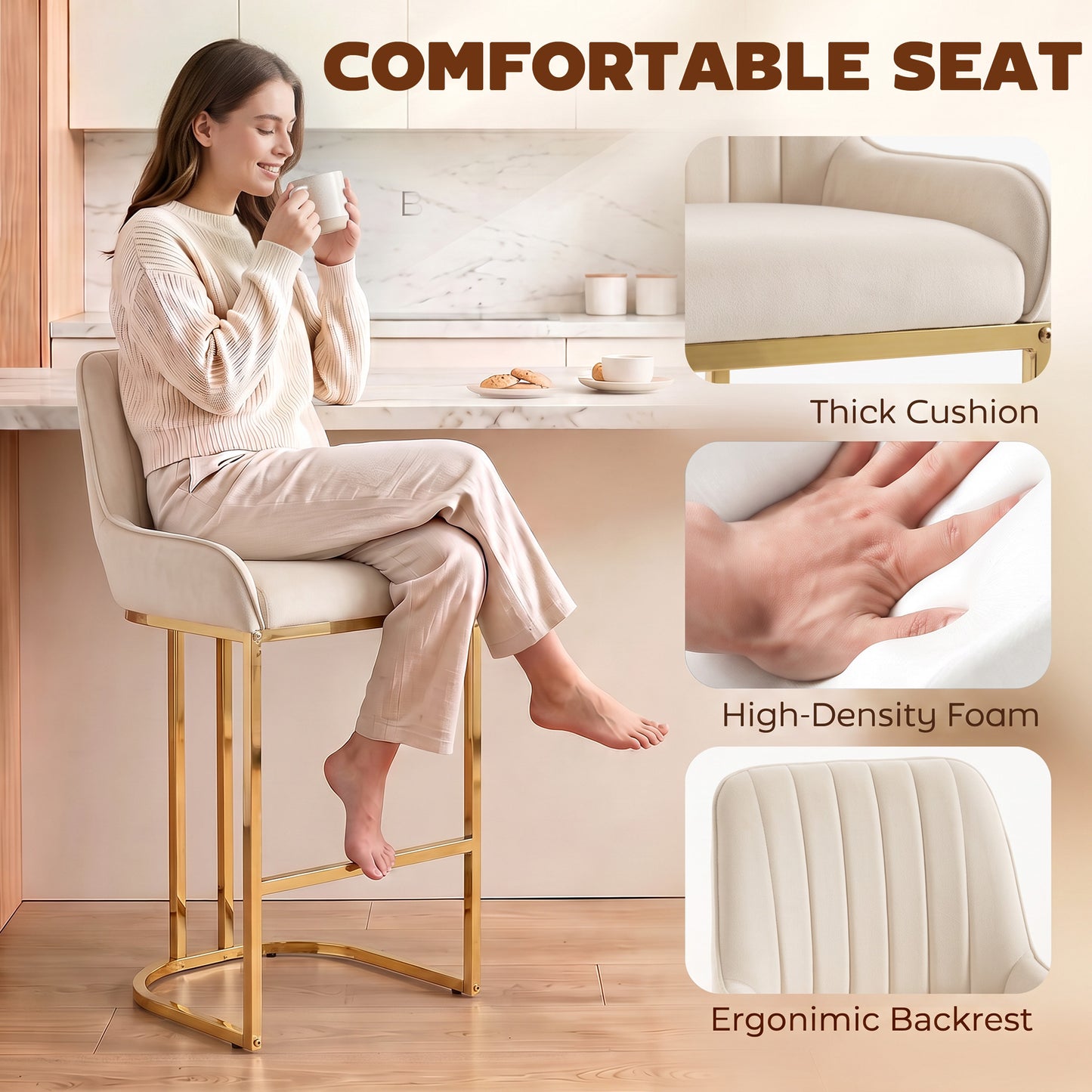 HOMCOM Bar Stools Set of 2 with Backrest, Footrest, Gold Electroplated Legs for Kitchen Island, Dining Room, Cream White