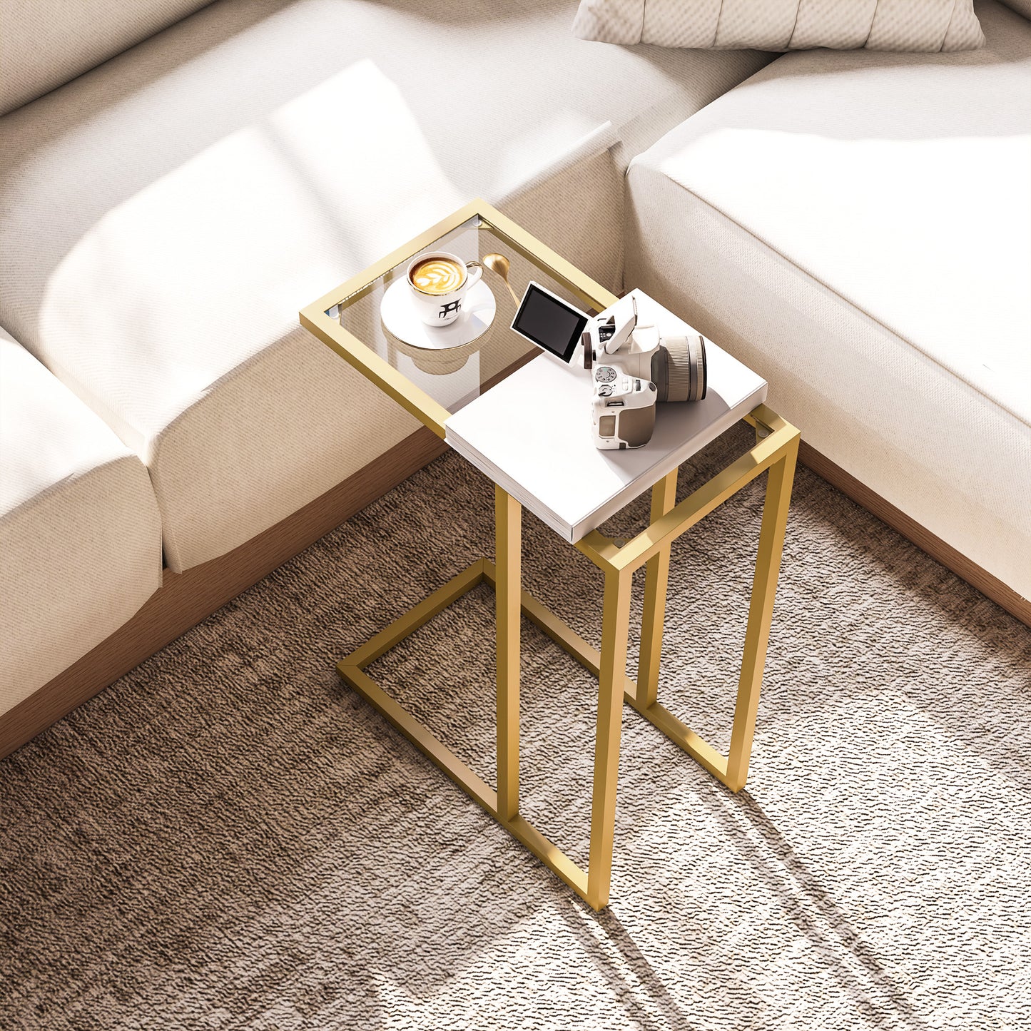HOMCOM C-Shaped Bedside Table, Modern Side Table with Tempered Glass Tabletop, Steel Frame for Small Space, Living Room, Bedroom, Gold Tone