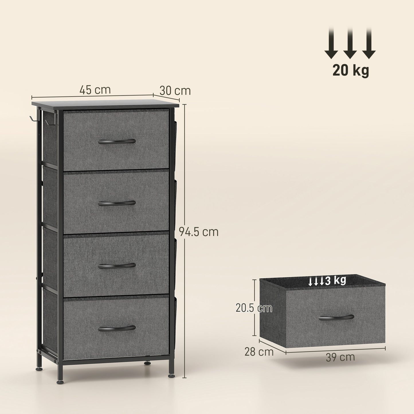 HOMCOM Chest of Four Fabric Drawers - Charcoal Grey