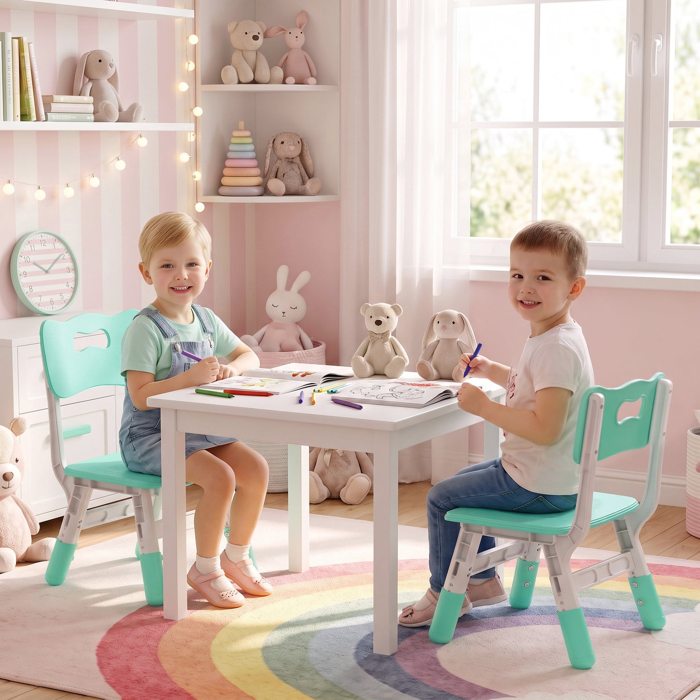 AIYAPLAY 2 PCS Kids Desk Chairs, 3 Level Height Adjustable Children's Chairs with Backrest for 1.5-8 Years, Max Load 50KG, Green