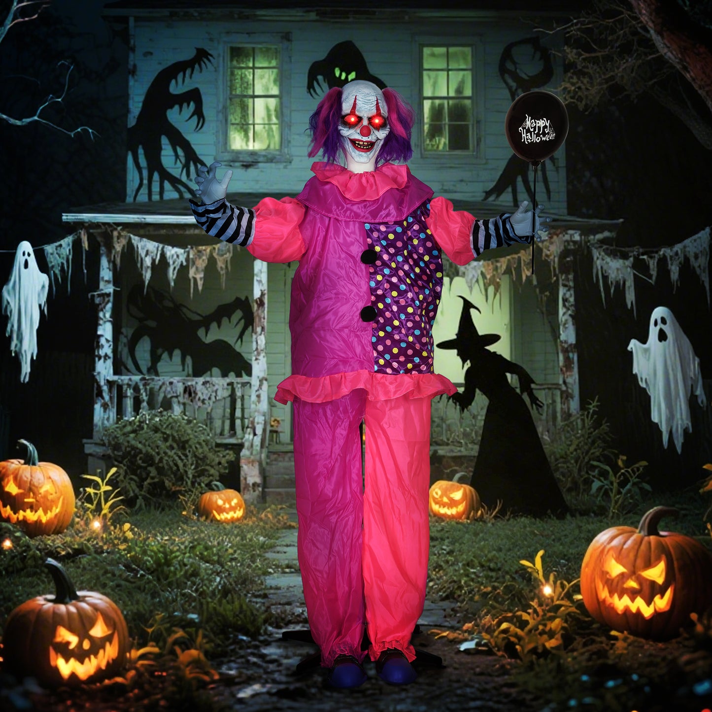 Outsunny Life Size Halloween Animated Clown with Light Up Eyes, Sound Activated, Moving Body, Battery Operated, Indoor Props, 175 cm, Red Eyes