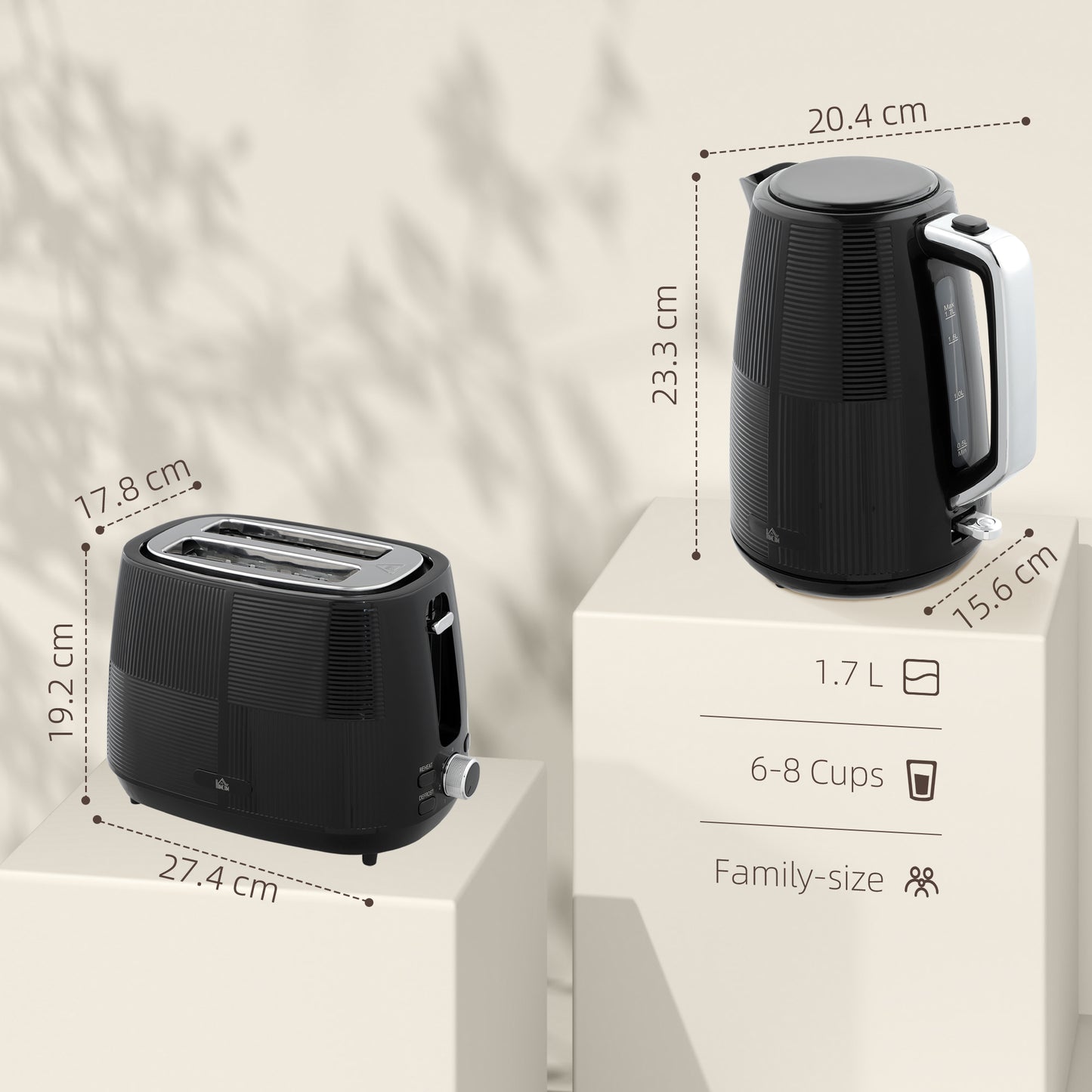 HOMCOM Kettle & Toaster Set, 1.7L 3000W Fast Boil, 2 Slice, 7 Browning Levels, Defrost, Reheat, Black