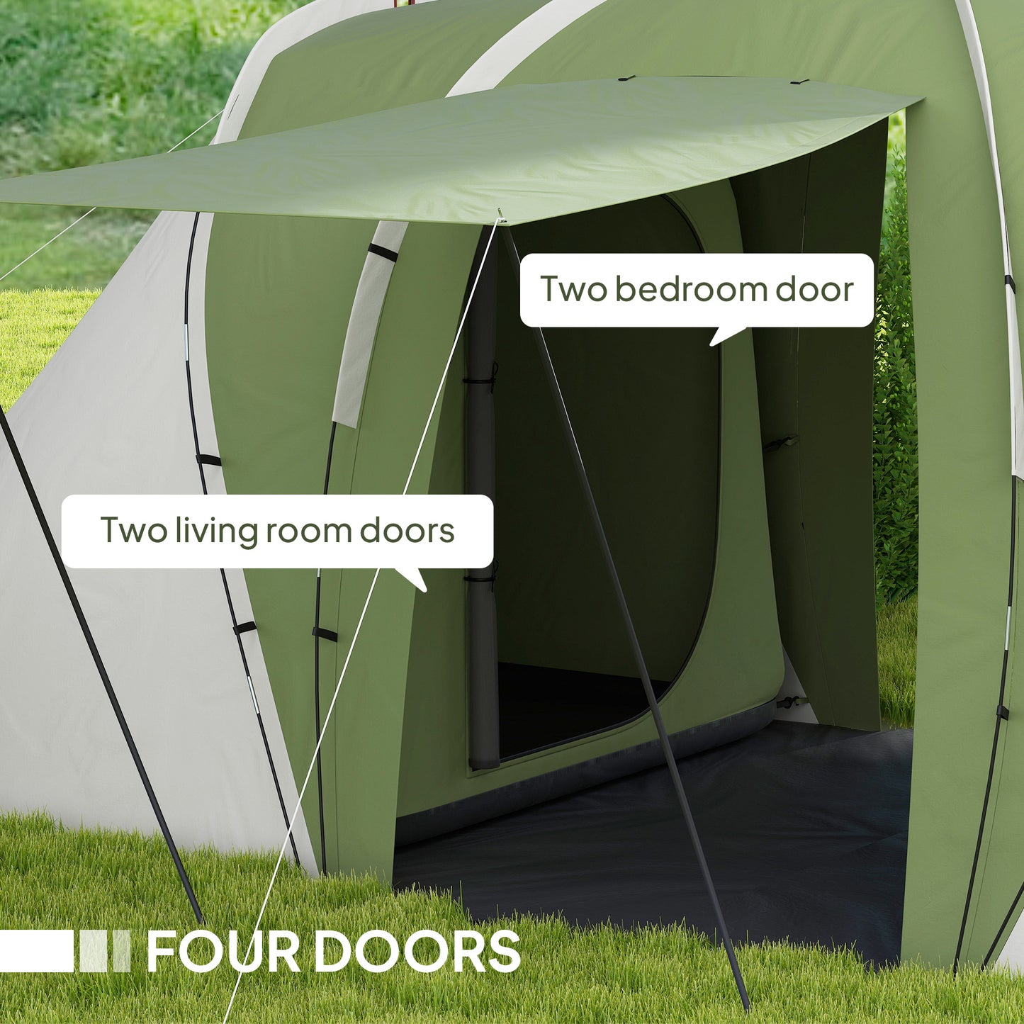 Outsunny Large Camping Tent Tunnel Tent with 2 Bedroom and Living Area, 2000mm Waterproof, Portable with Bag for 4-6 Man, Green