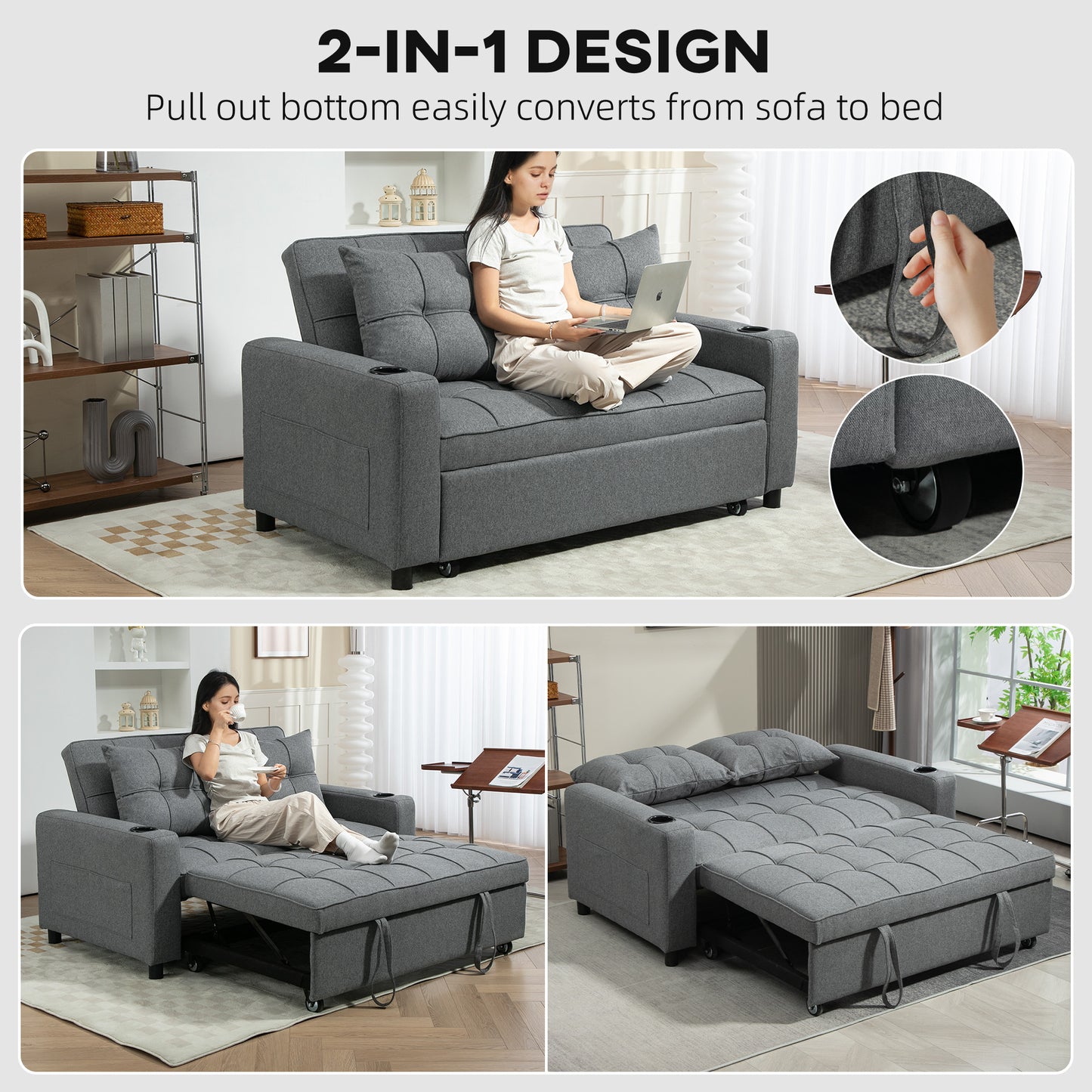 HOMCOM Two-Seater Pull-Out Sofa Bed - Charcoal Grey