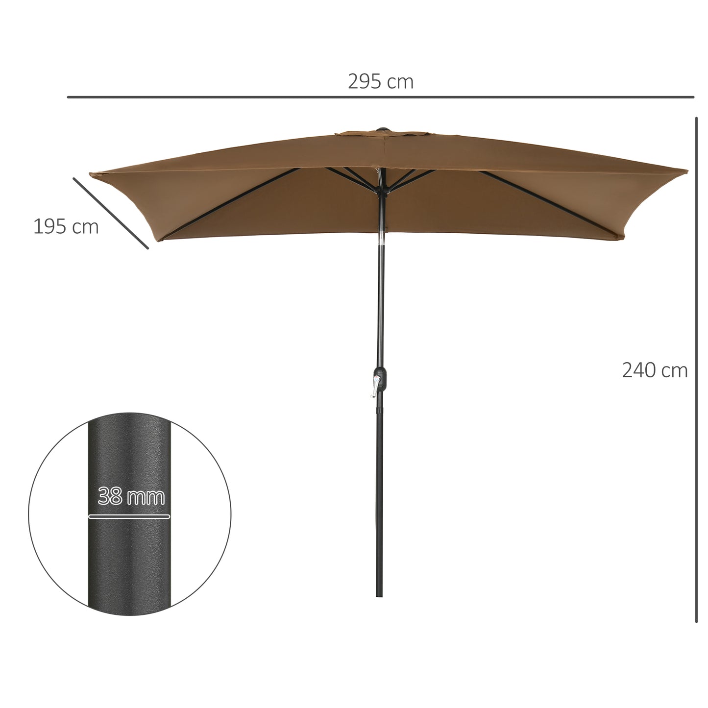 Outsunny 3x2m Garden Parasol Umbrella Outdoor Sun Shade Canopy with Tilt and Crank Aluminium Frame Rectangular Brown