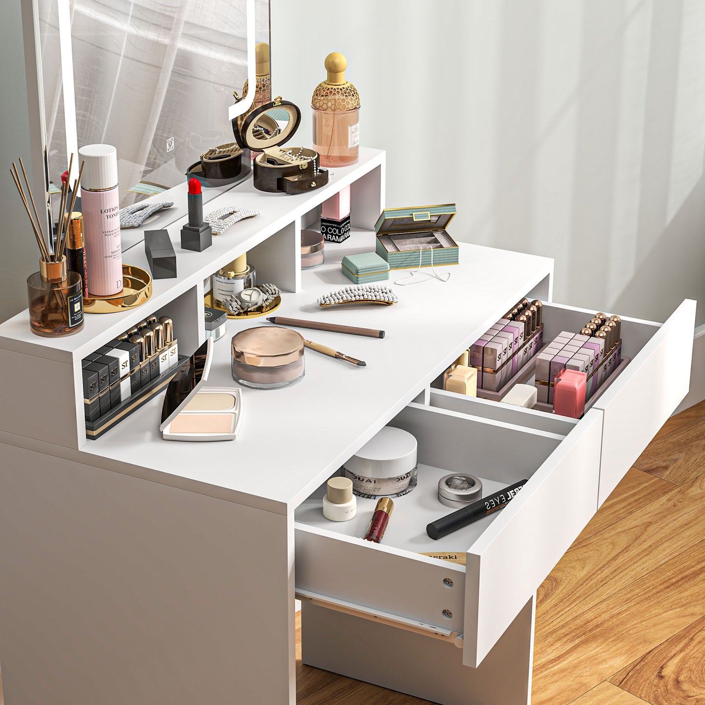 HOMCOM Dressing Table with Mirror and LED Lights, Vanity Table with 2 Drawers, 3 Compartments