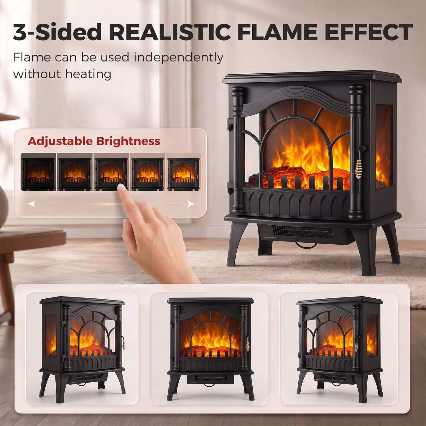 HOMCOM 3-Sided Glass Electric Fire Fan Heater, Electric Fireplace Stove Freestanding Log Burner with Flame Effect, Black