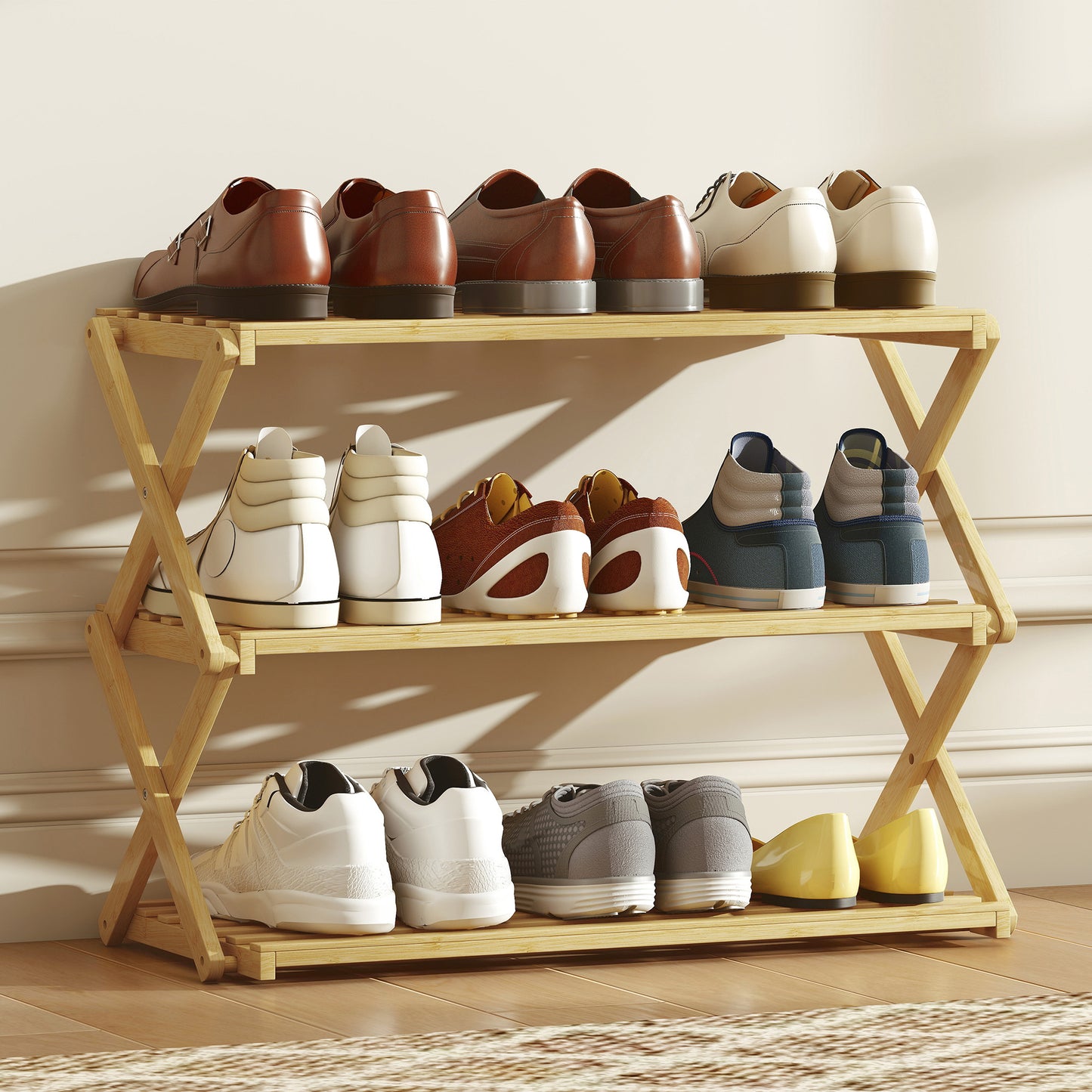 HOMCOM 3-Tier Bamboo Shoe Rack, No Assembly - Natural