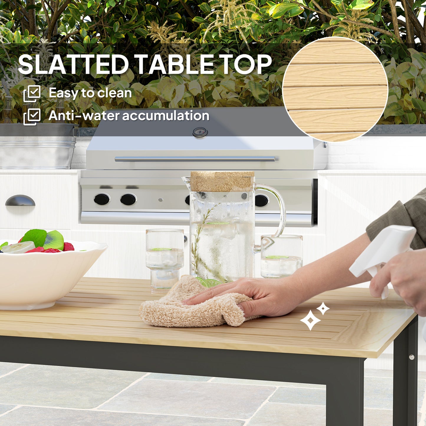 Outsunny Garden Dining Table, 175 x 78 x 75 cm Rectangle Outdoor Table for 6 People with Slatted Table Top, Metal Frame, for Balcony, Deck, Teak