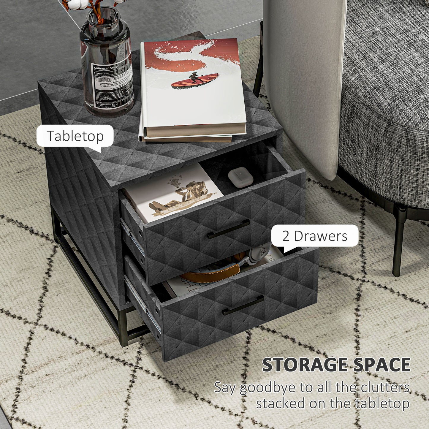 HOMCOM Bedside Tables Set of 2 with 2 Drawers, Modern Nightstand Cabinet, Steel Legs for Bedroom/Living Room, Grey