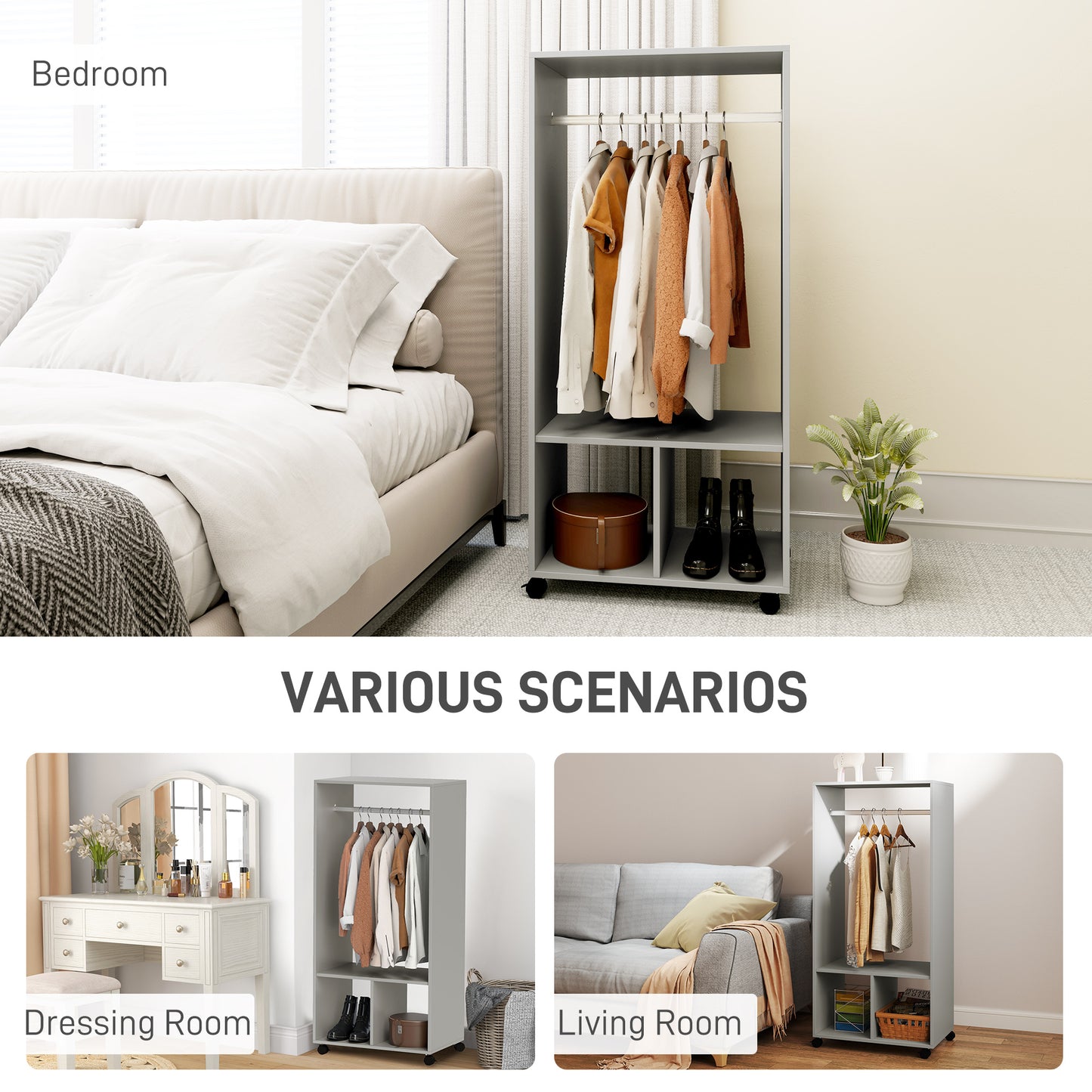 HOMCOM Open Wardrobe for Bedroom, Small Wardrobe on Wheels with Clothes Rail