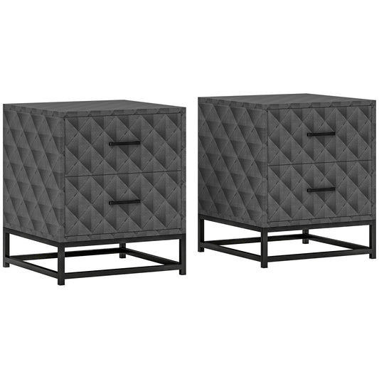 HOMCOM Bedside Tables Set of 2 with 2 Drawers, Modern Nightstand Cabinet, Steel Legs for Bedroom/Living Room, Grey