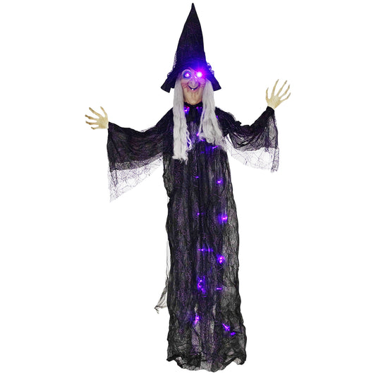 Outsunny 183 cm Life Size Halloween Animated Hanging Witch with Glowing LED Eyes & Body, Battery Operated Indoor Party Props, Spooky Decorations