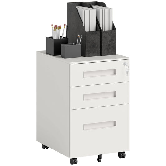 Vinsetto Metal Mobile File Cabinet with Wheels, Lockable 3 Drawer Filing Unit for A4/Legal/Letter, Pre-Assembled, Home Office, 39x48x60cm, White