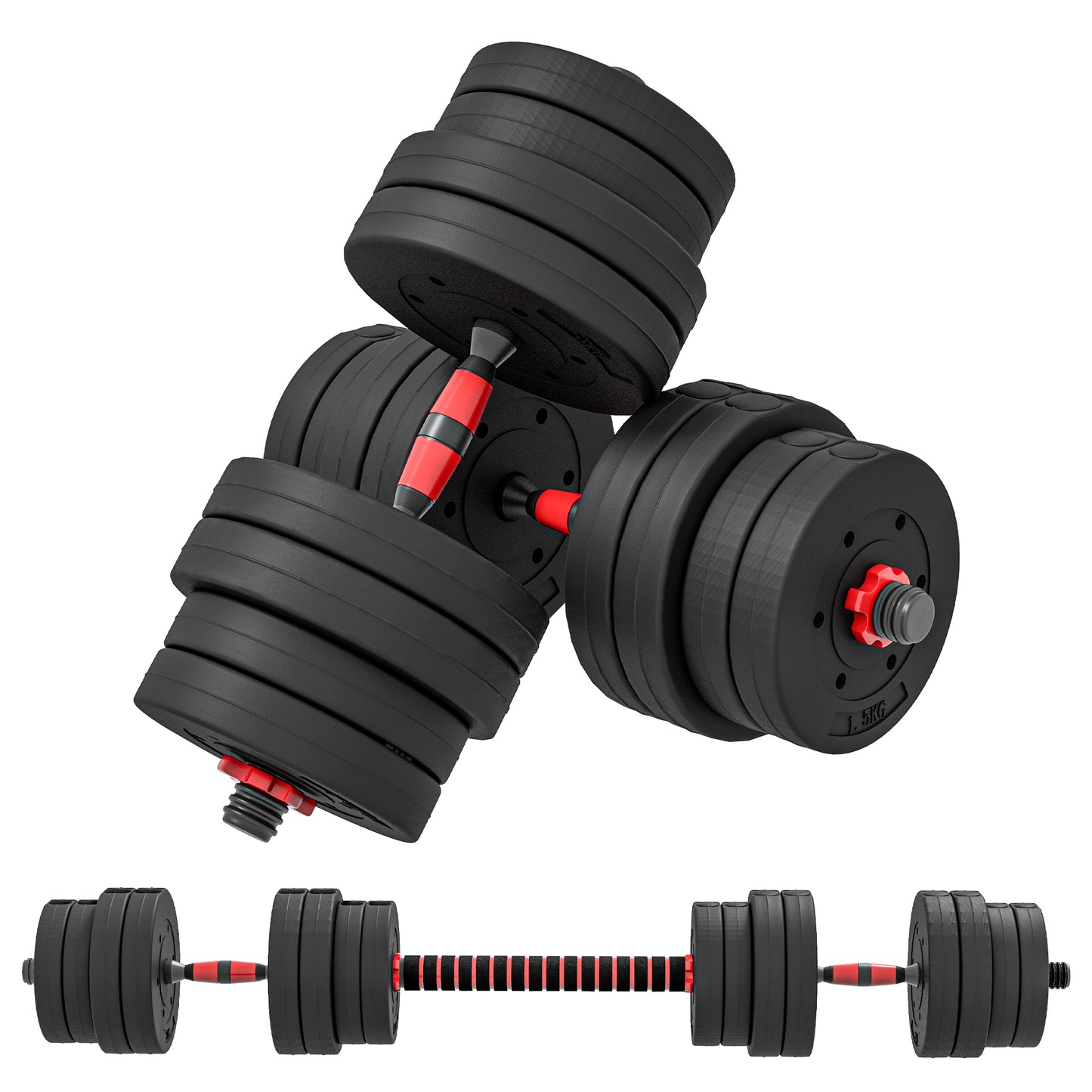 HOMCOM 30kg Adjustable Dumbbells Set, 2-in-1 Weight Barbell for Fitness Training, Black