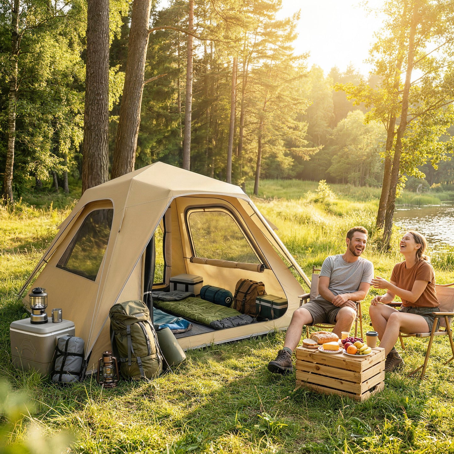 Outsunny Pop Up Tent 3000mm Waterproof Camping Tents with Mesh Windows 3-4 People Khaki