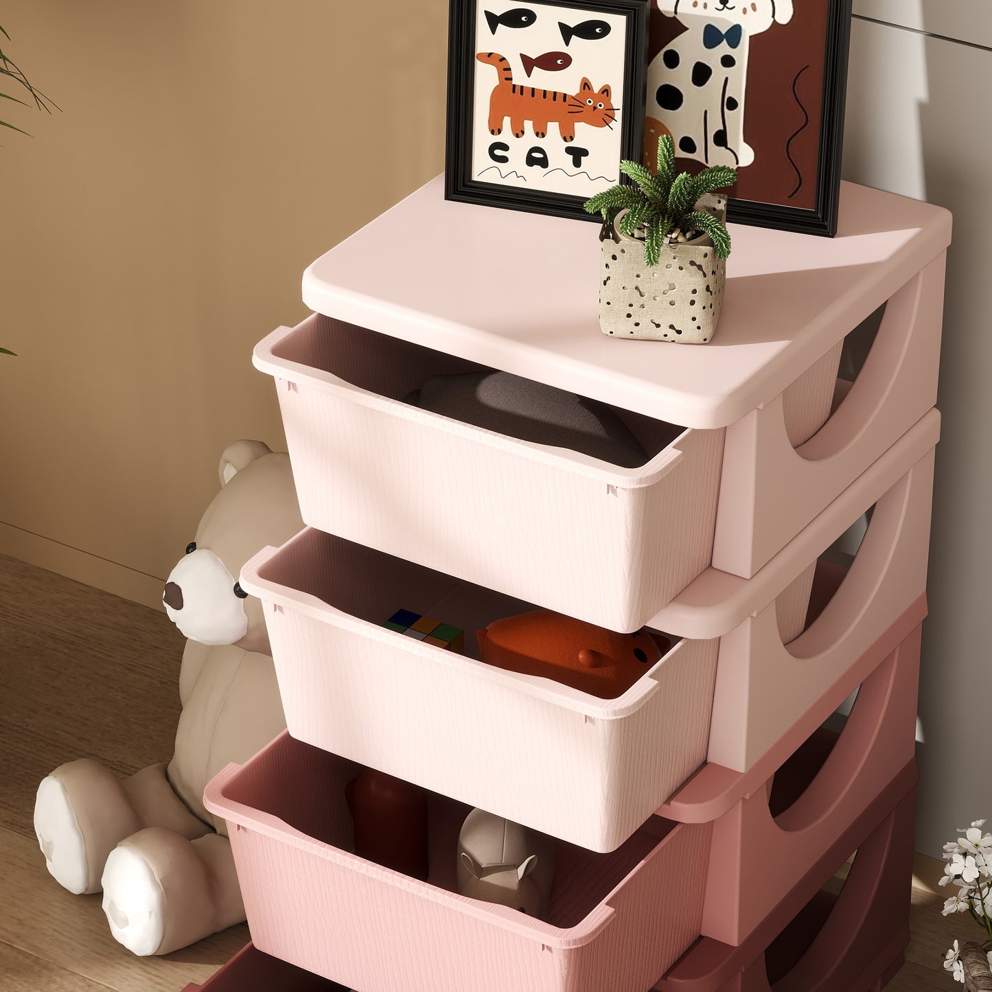 HOMCOM Four-Tier Kids Storage Boxes, with Four Drawers - Pink