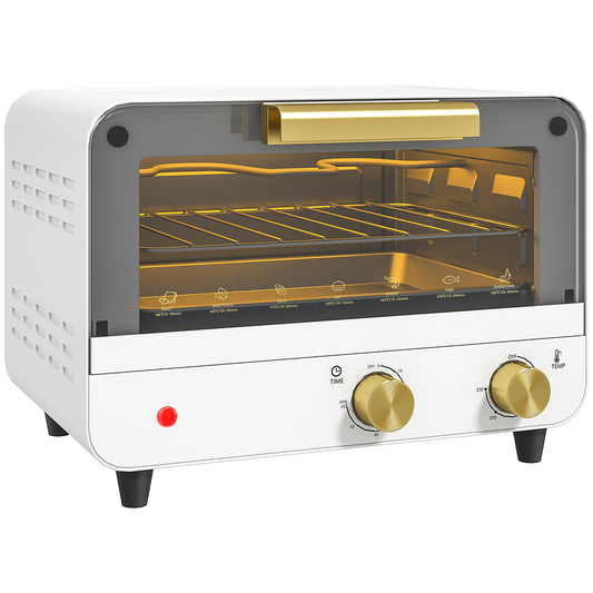 HOMCOM Small Toaster Oven, 12L Multifunction Mini Countertop Oven with Glass Door, Adjustable Temperature and Timer, Accessory Included, 750W, White