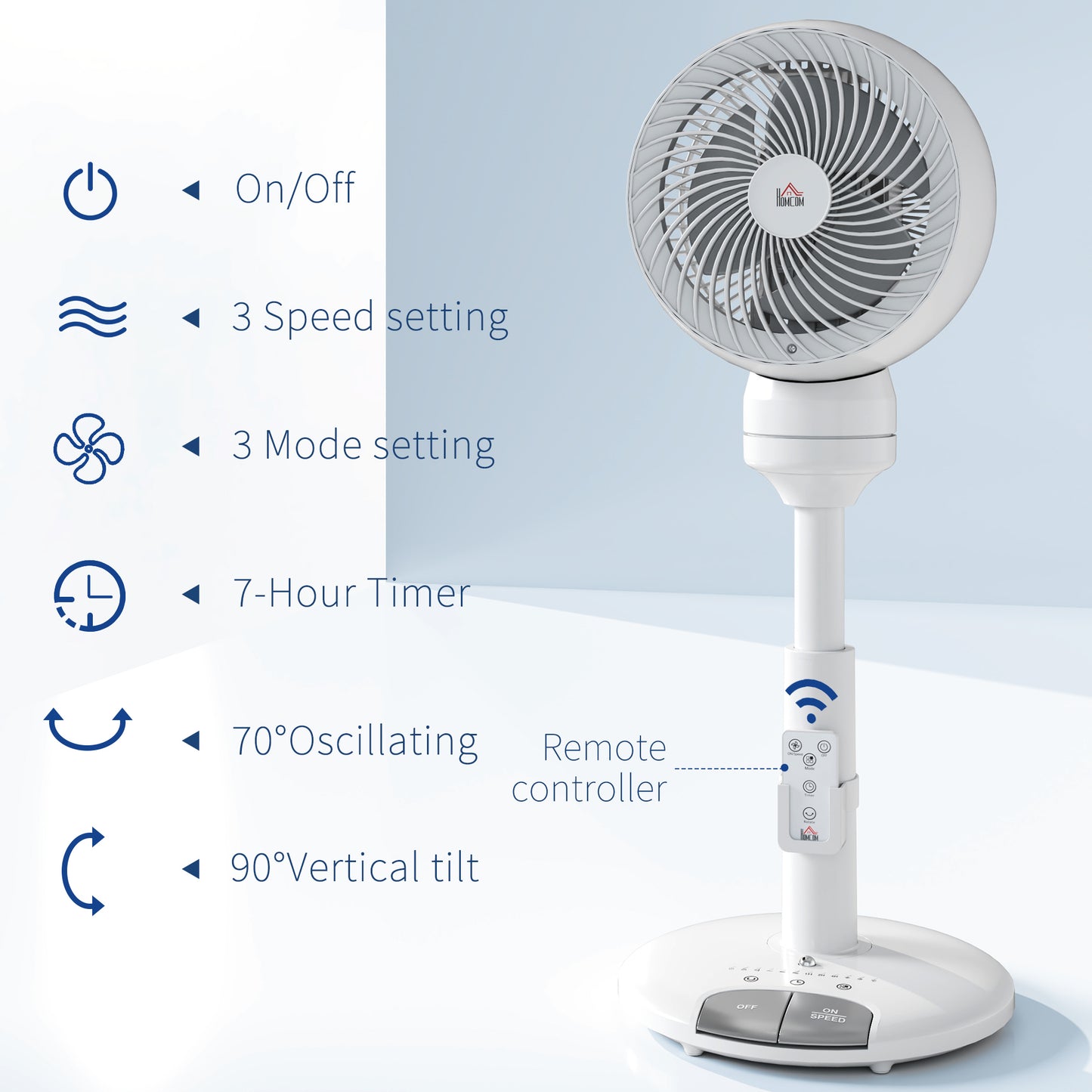 HOMCOM 9'' Air Circulator Fan, 3 Speeds, 70° Oscillation, Height Adjustable, with Remote, White
