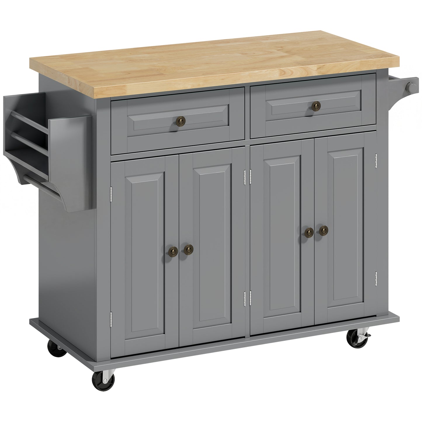 HOMCOM Kitchen Island on Wheels, Rolling Kitchen Trolley with Rubberwood Top, 2 Drawers, Adjustable Shelves, Grey
