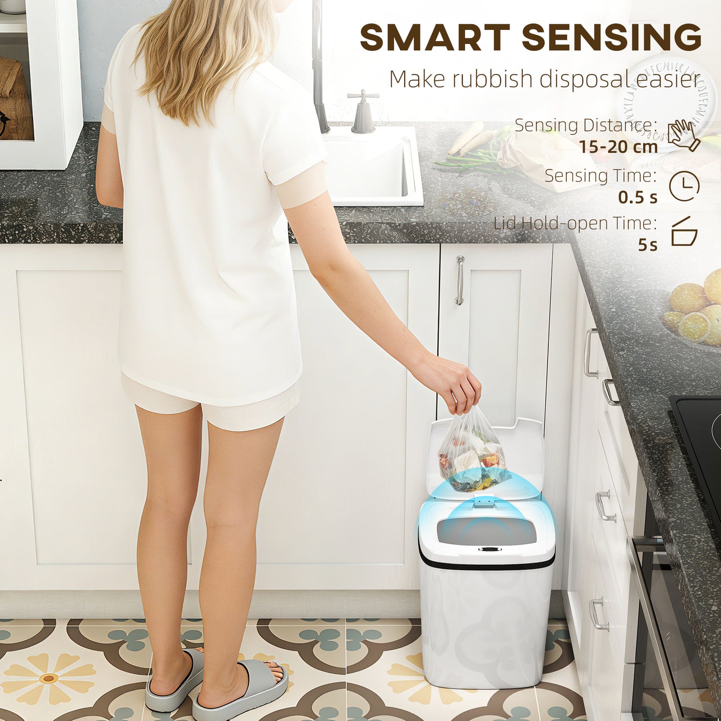 HOMCOM 15L Sensor Bin, Automatic Touchless Kitchen Bin, Easy Clean, Battery Operated for Home Office, Bedroom, Bathroom, White
