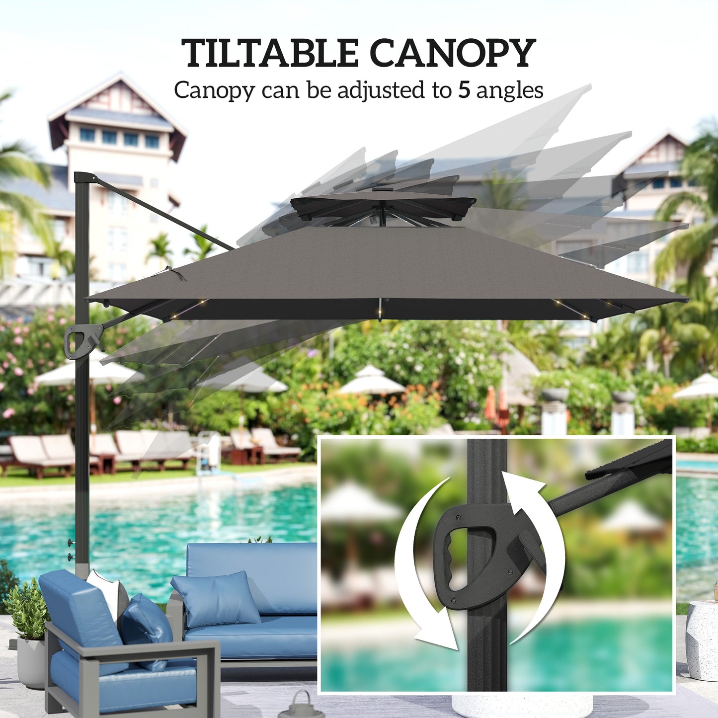 Outsunny Garden Cantilever Parasol w/ Solar LED Lights, Aluminium Patio Umbrella, UPF50+ Shade, Cross Base, Crank & Tilt, 3.5x3 m, Grey