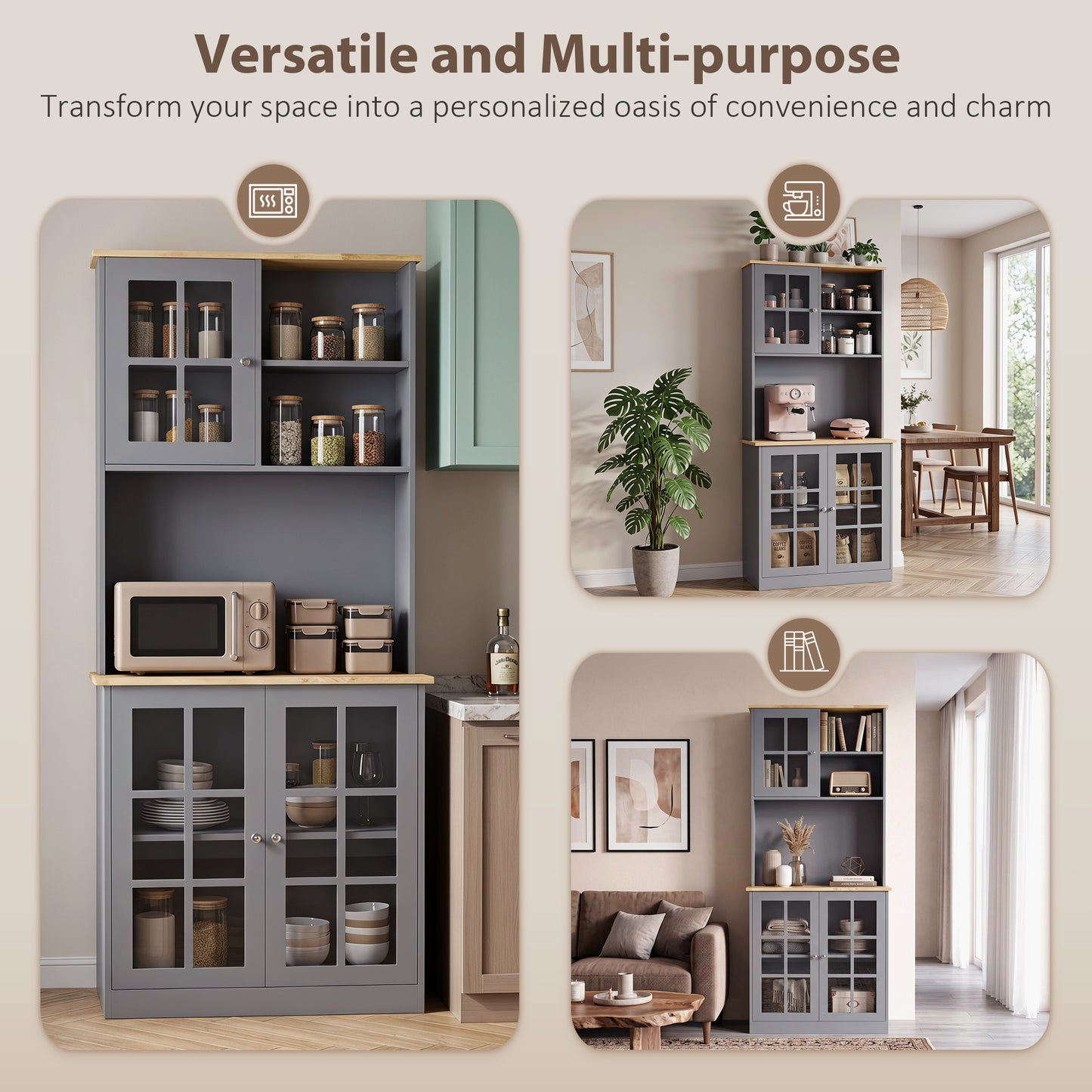HOMCOM Kitchen Pantry, Buffet Hutch with 3 Storage Cabinets, 2 Open Shelves and Large Countertop for Kitchen, Grey