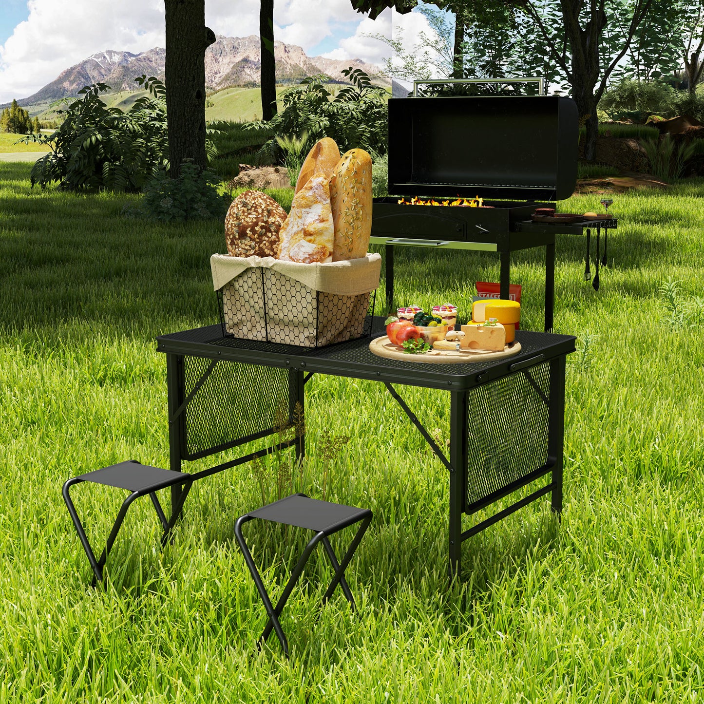 Outsunny Folding Grill Table, 4.5ft Portable Camping Table with 2 Wing Panels, Height Adjustable Metal Picnic Table for BBQ, Black