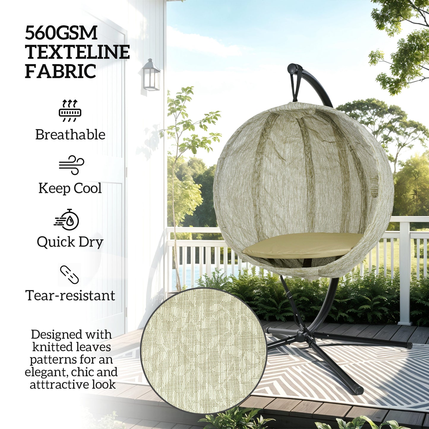 Outsunny Hanging Egg Chair: Indoor/Outdoor Swing with Stand, Cushion, Cup Holder for Patio/Balcony, Khaki
