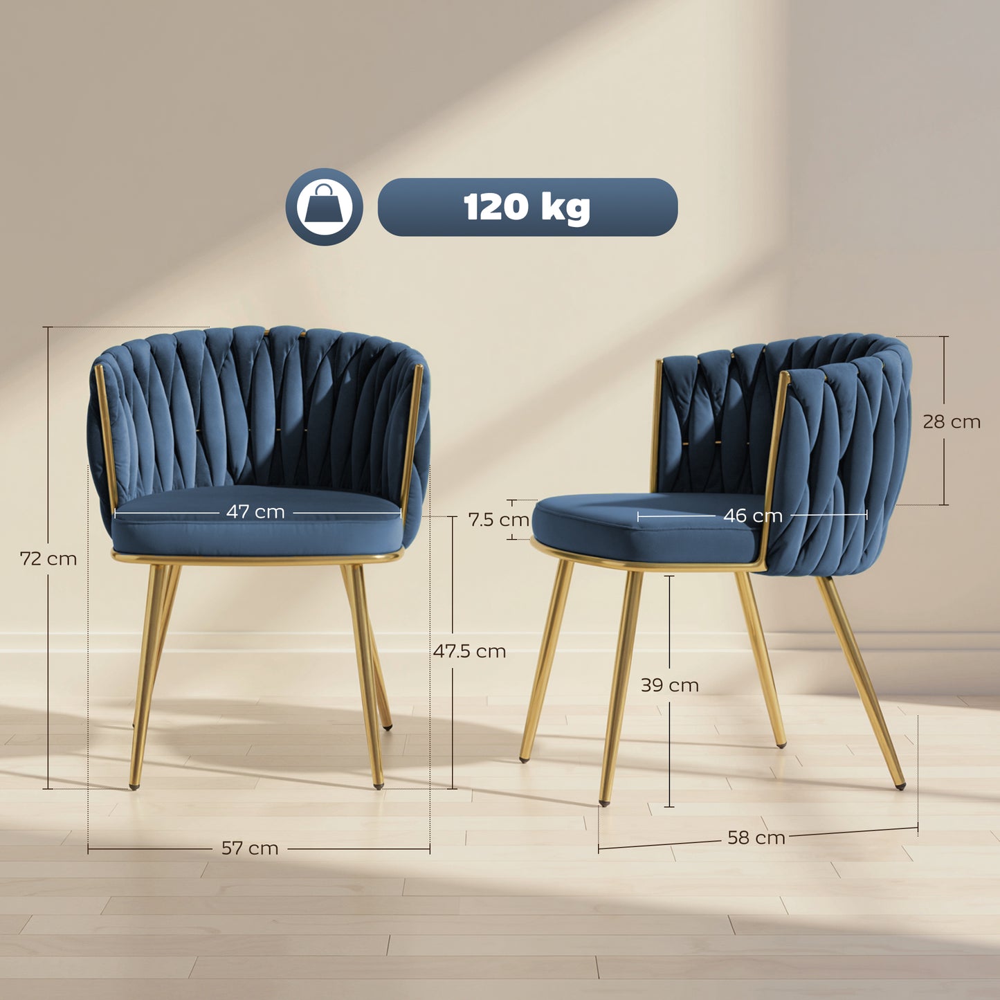HOMCOM Velvet Dining Chairs Set of 2, Metal Legs Dark Blue