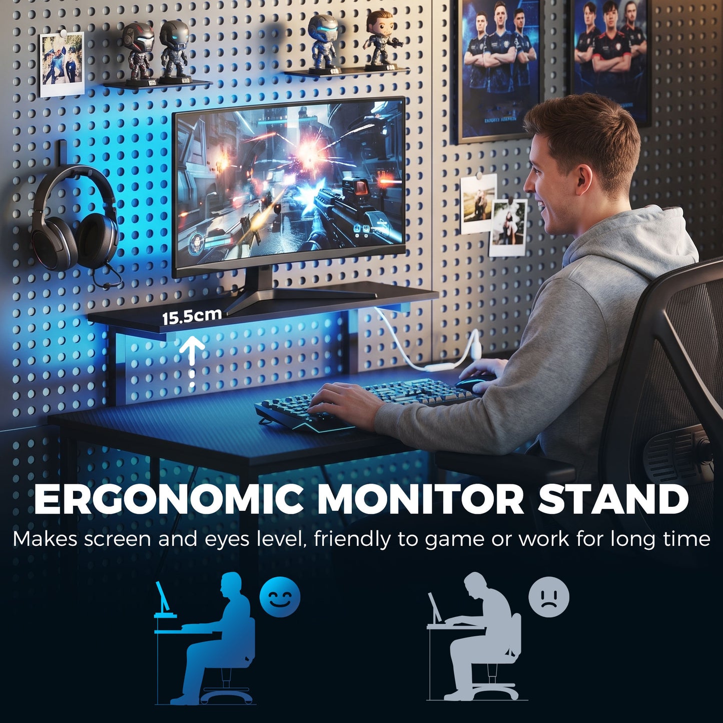 HOMCOM 114.5 cm L-Shaped Gaming Desk, Computer Desk with LED Lights, Power Station and Adjustable Mesh Shelf , Black