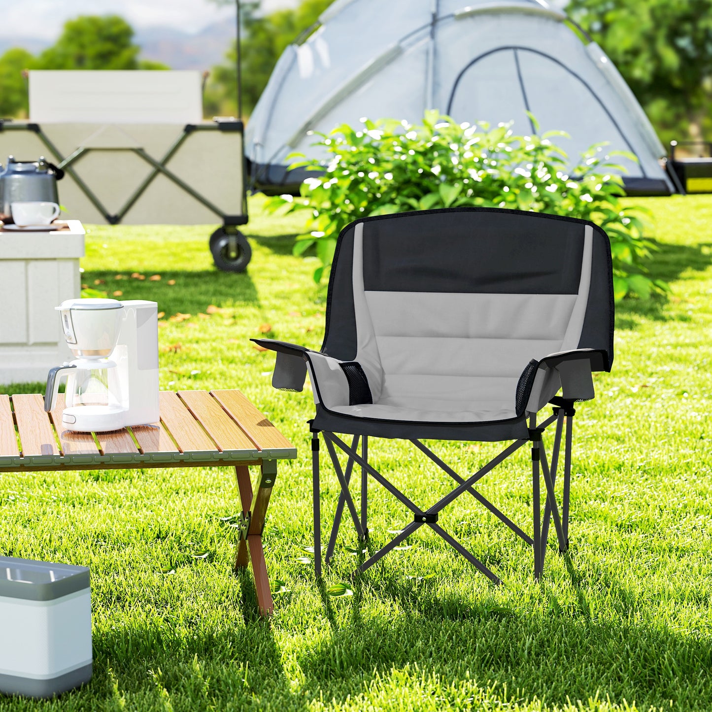 Outsunny Folding Camping Chair, Portable Padded Chair with Cup Holders, Side Pockets, Carry Bag for Picnic, Hiking, Fishing, Grey