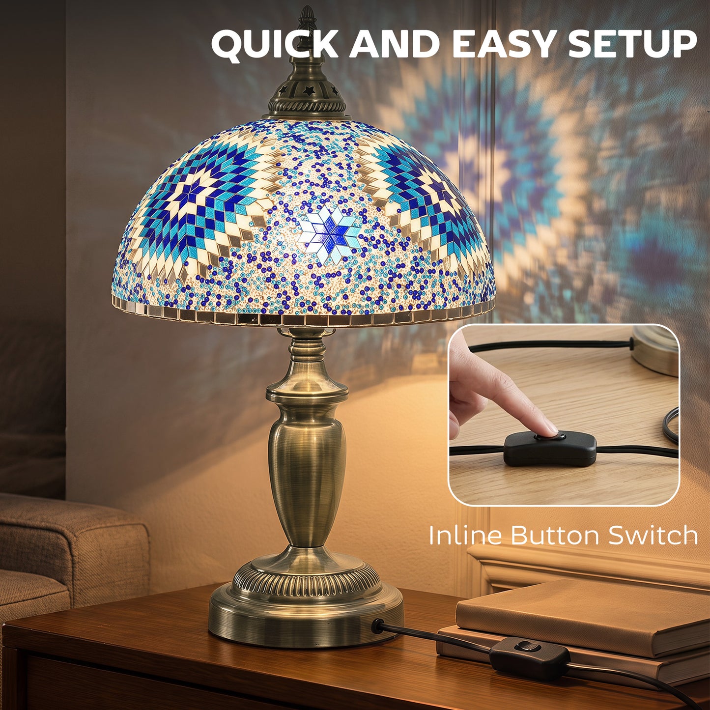 HOMCOM 30cm Tiffany Lamp, Stained Glass Bedside Table Lamp with Button Switch and Metal Base, Blue
