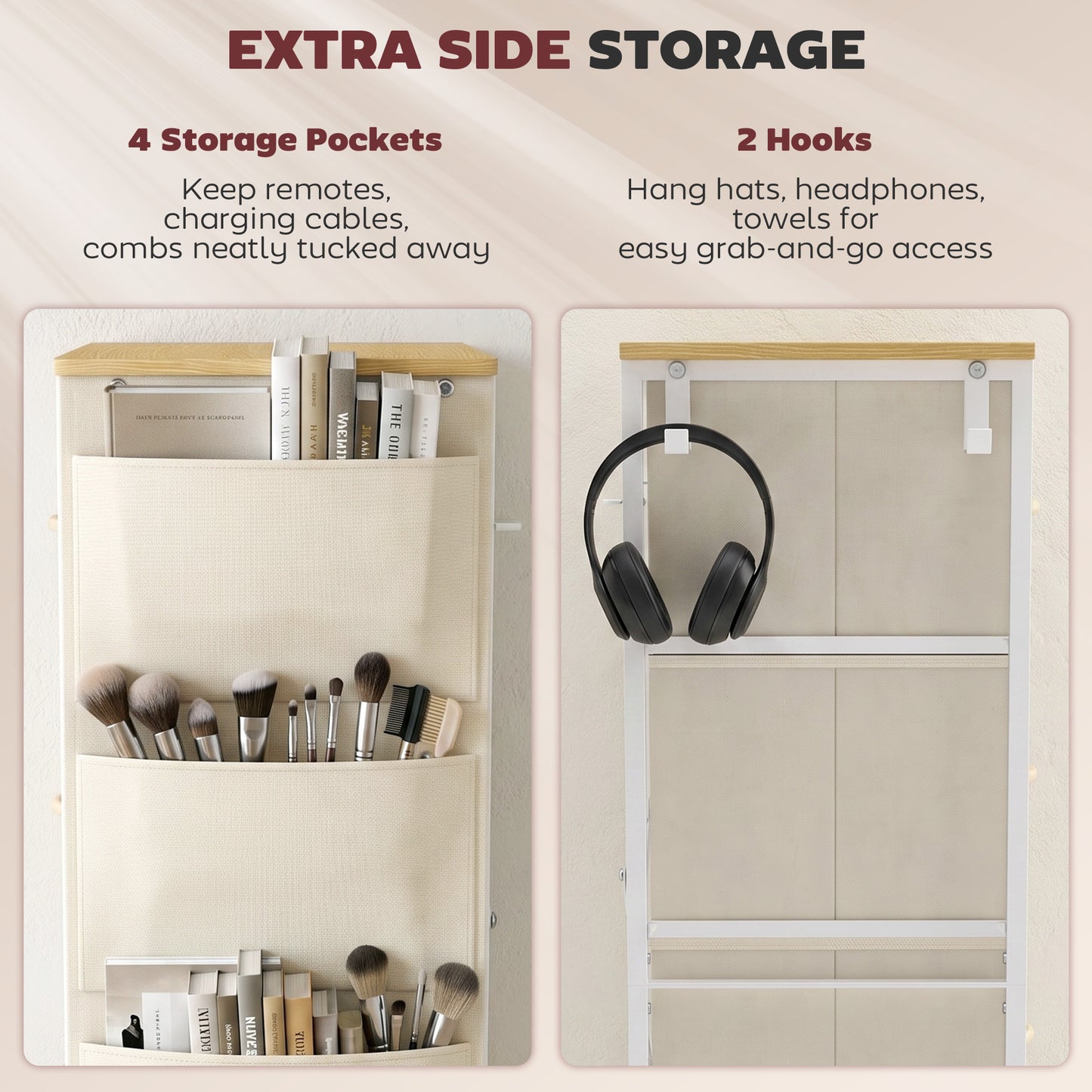 HOMCOM Chest of Drawers, Dresser with 5 Fabric Drawers, Tall Storage Unit with 4 Pockets and 2 Hooks Steel Frame, Beige
