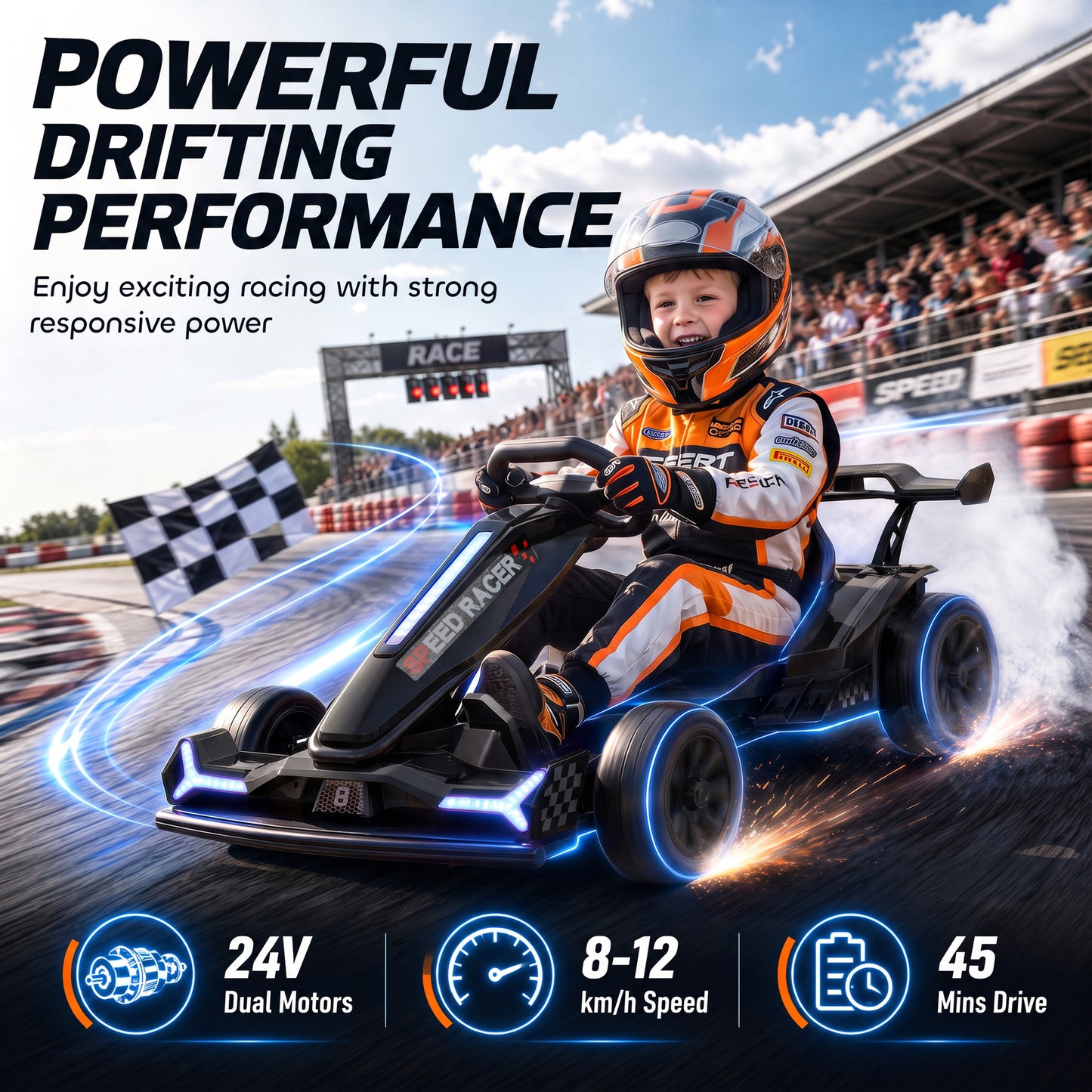 AIYAPLAY 24V Electric Go Kart for Kids 6-12 Years with Drift Mode, Adjustable Seat, 3 Speed, Slow Start, Black
