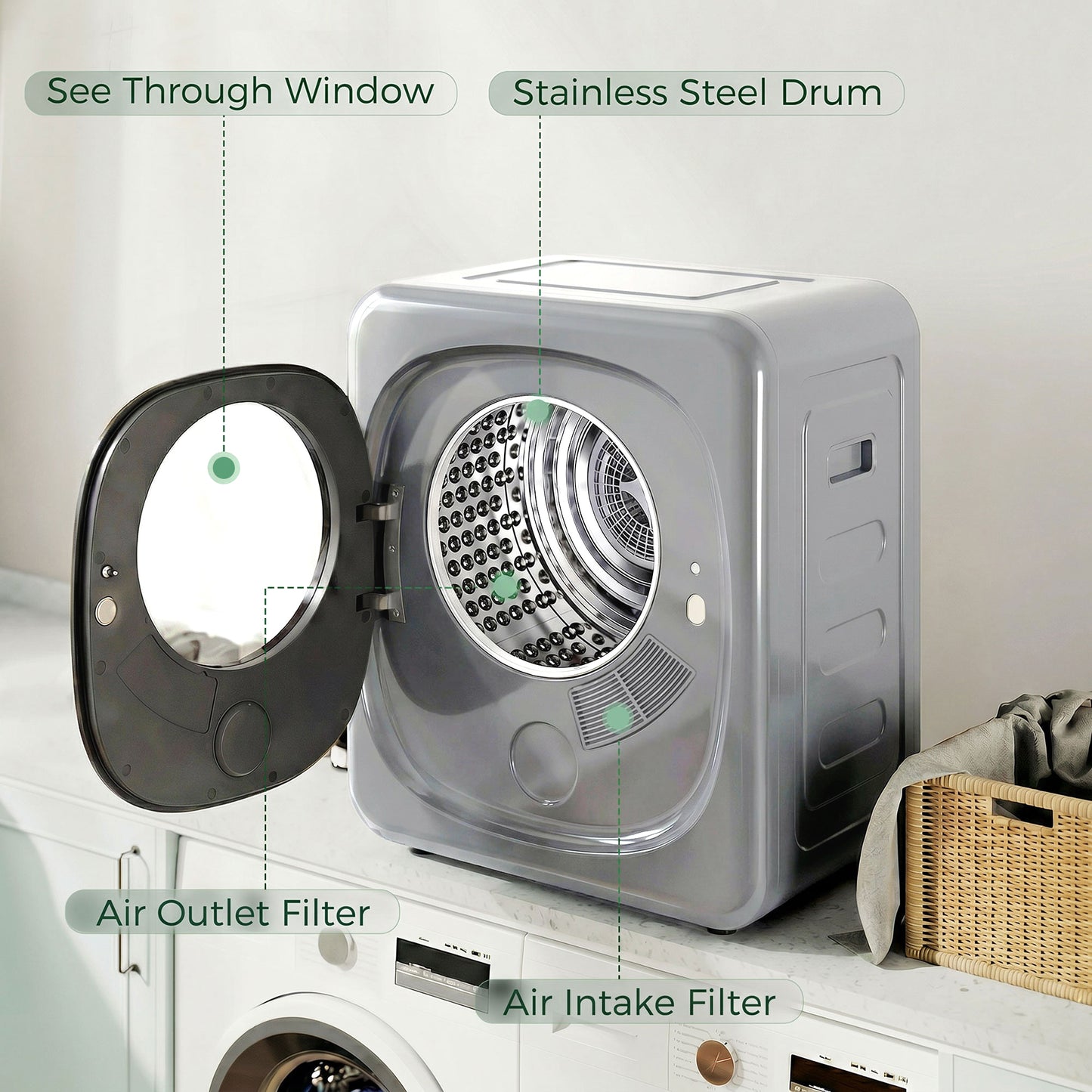 HOMCOM 4kg Vented Tumble Dryer with 5 Drying Mode, 800W Compact Freestanding Front Tumble Dryer, Silver