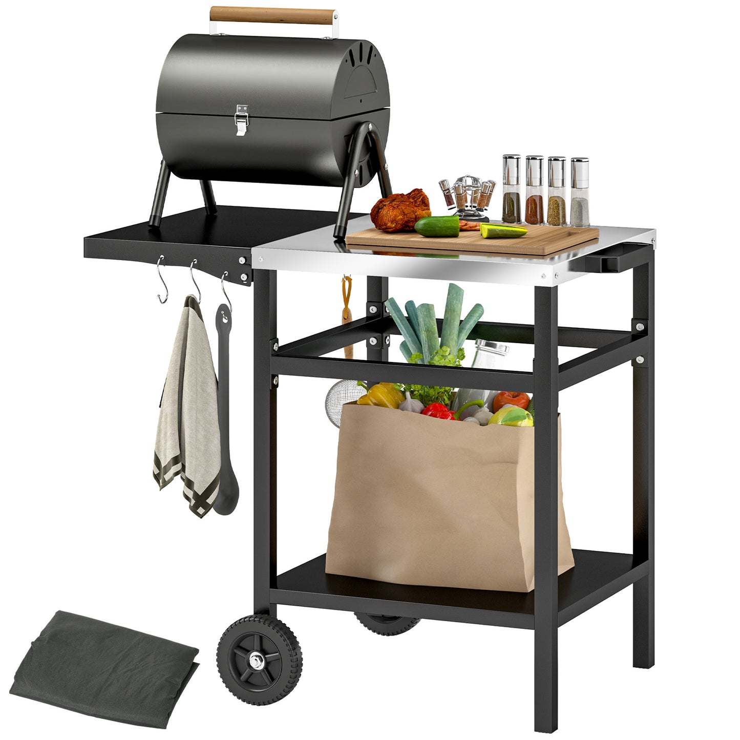 Outsunny BBQ Trolley with Stainless Steel Top, Foldable Side Table, Hooks, Shelf, Pizza Oven Table, Movable Grill Cart with Cover, Black