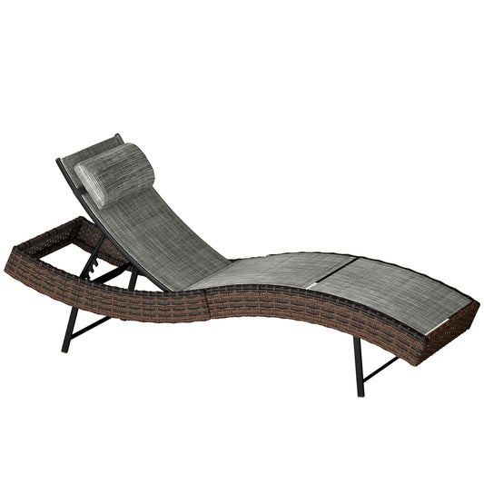 Outsunny Rattan Sun Lounger, Garden Recliner with 5 Position Adjustable Back, S Shaped Texteline Seat, Headrest, Brown