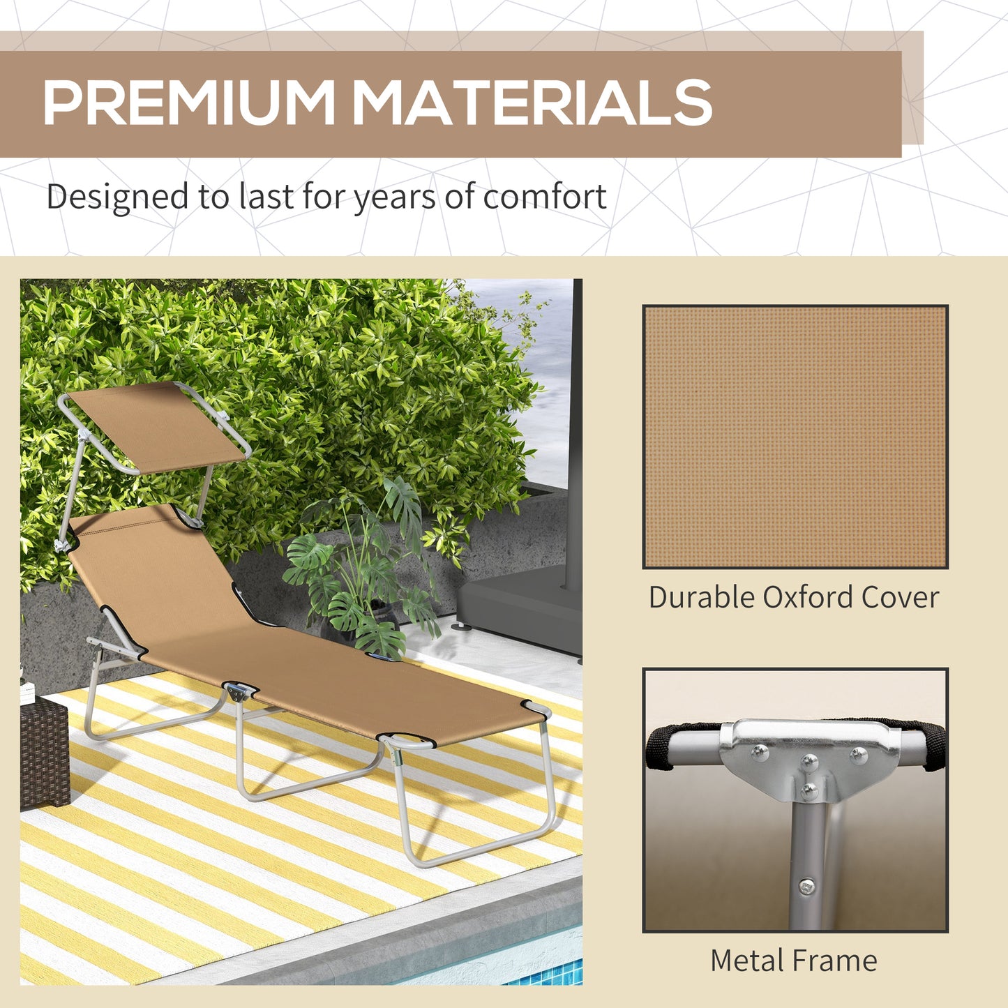 Outsunny Outdoor Sun Lounger, Adjustable Backrest, Sun Shade Awning, Tan