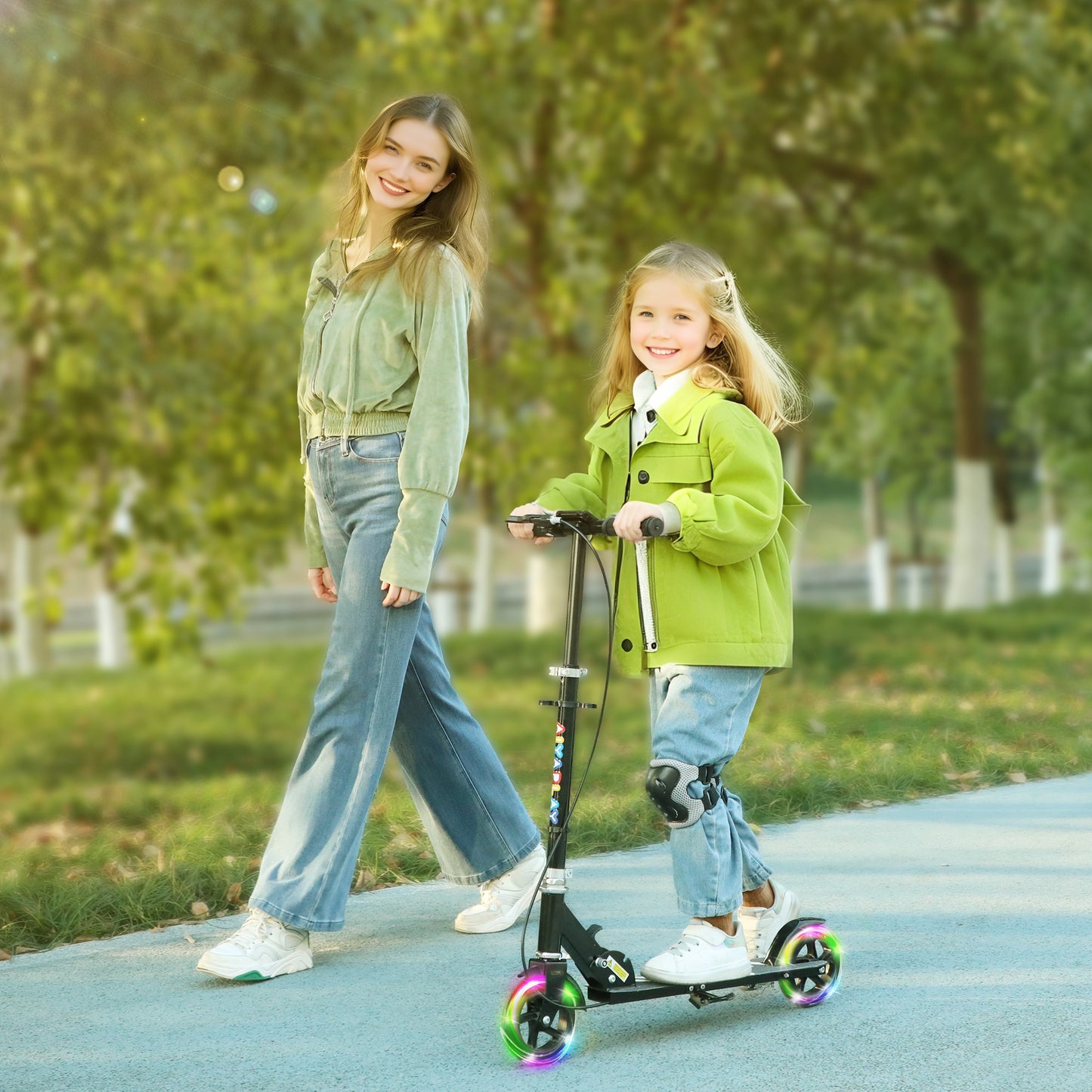 AIYAPLAY Scooter for Kids Ages 3-8 with Adjustable Handle, 2 Light up Wheels, Handbrake & Rear Brake for Girls and Boys, Black