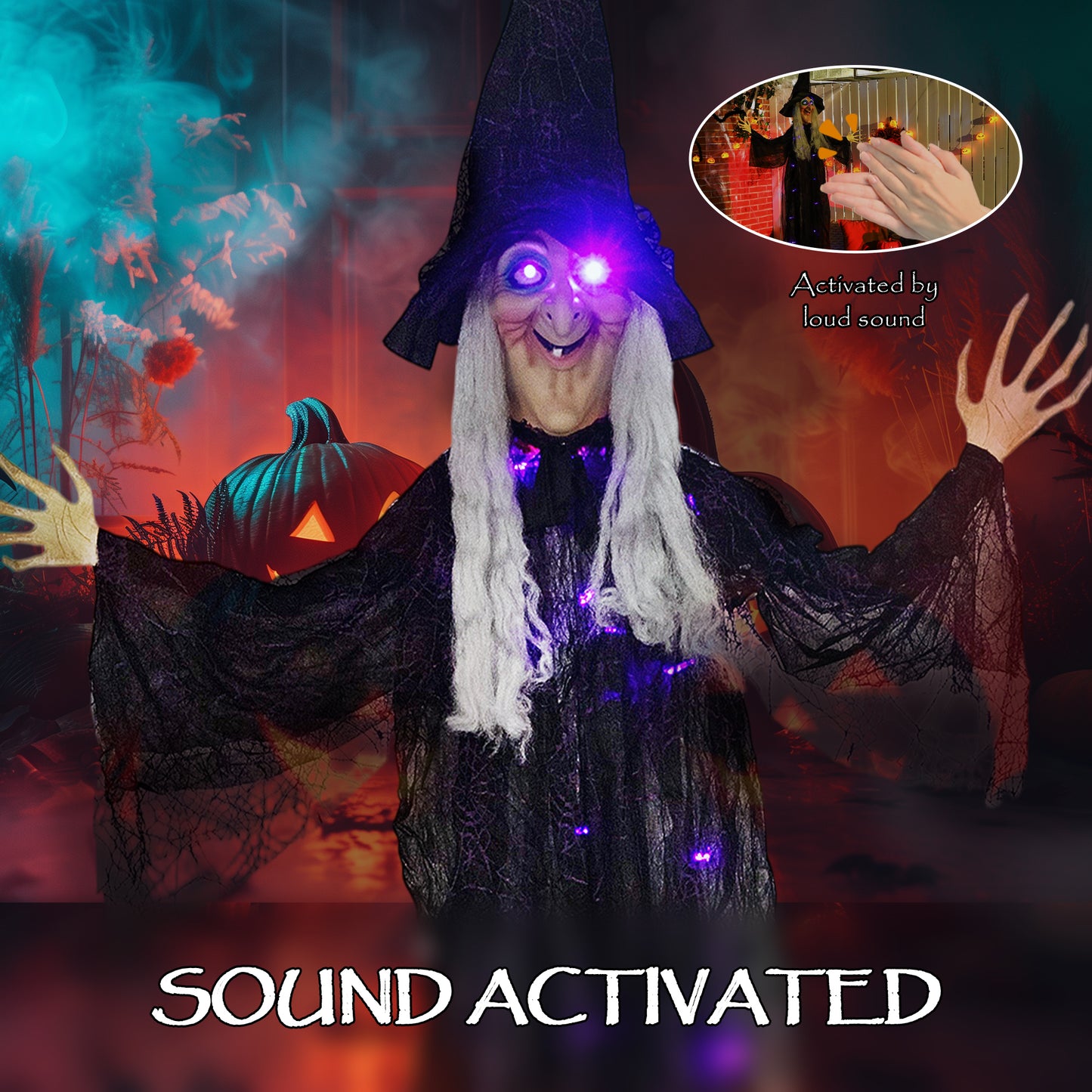 Outsunny 183 cm Life Size Halloween Animated Hanging Witch with Glowing LED Eyes & Body, Battery Operated Indoor Party Props, Spooky Decorations