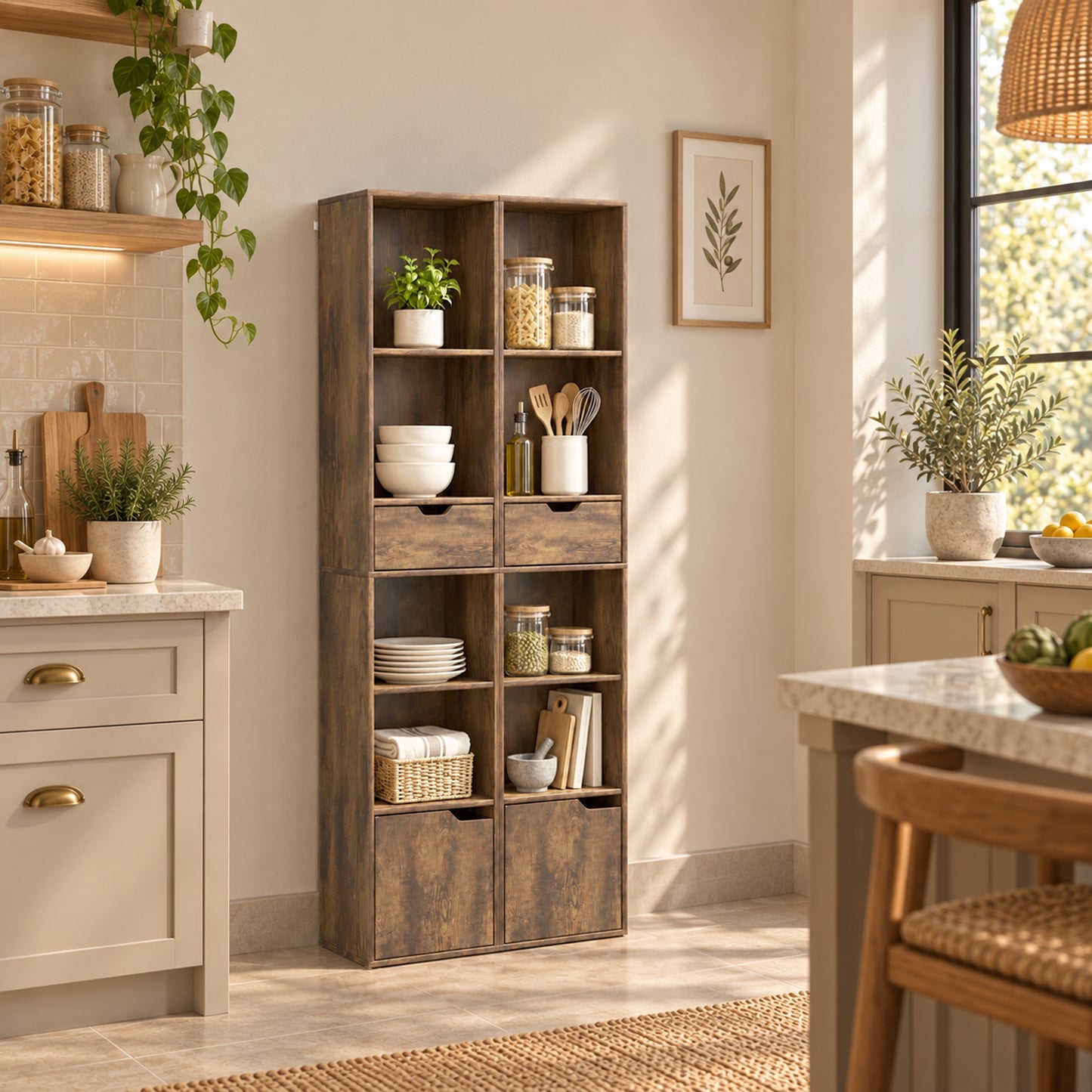 HOMCOM 6-Tier Bookcase, Tall Narrow Bookshelf with Drawer, Door, Adjustable Shelf for Living Room, Rustic Brown