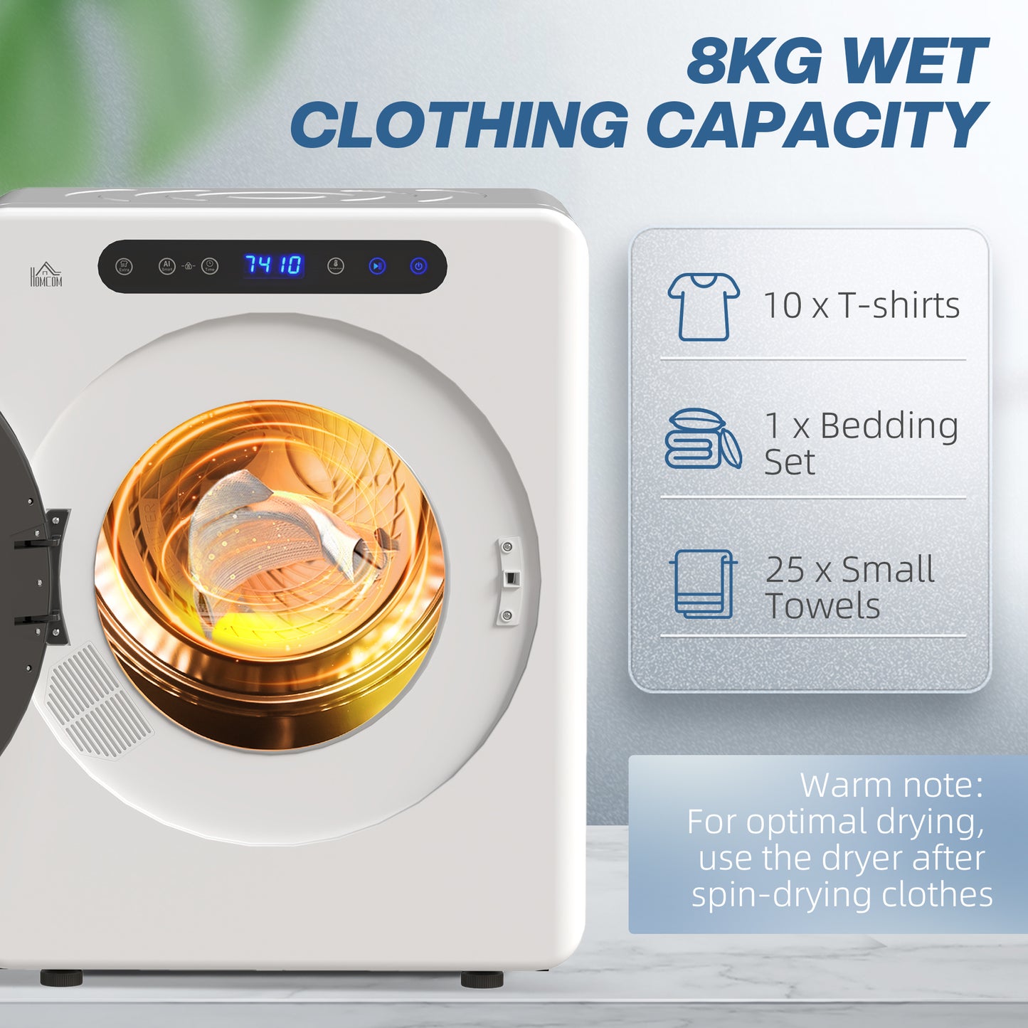 HOMCOM 8kg Vented Tumble Dryer, 1000W Portable Clothes Dryer, 6 Heat Settings, White