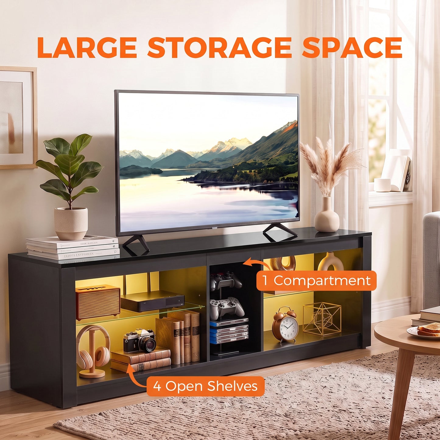 HOMCOM TV Stand Cabinet with LED Lights and Remote Control for TVs up to 65", Entertainment Centre with Storage Shelves, Black