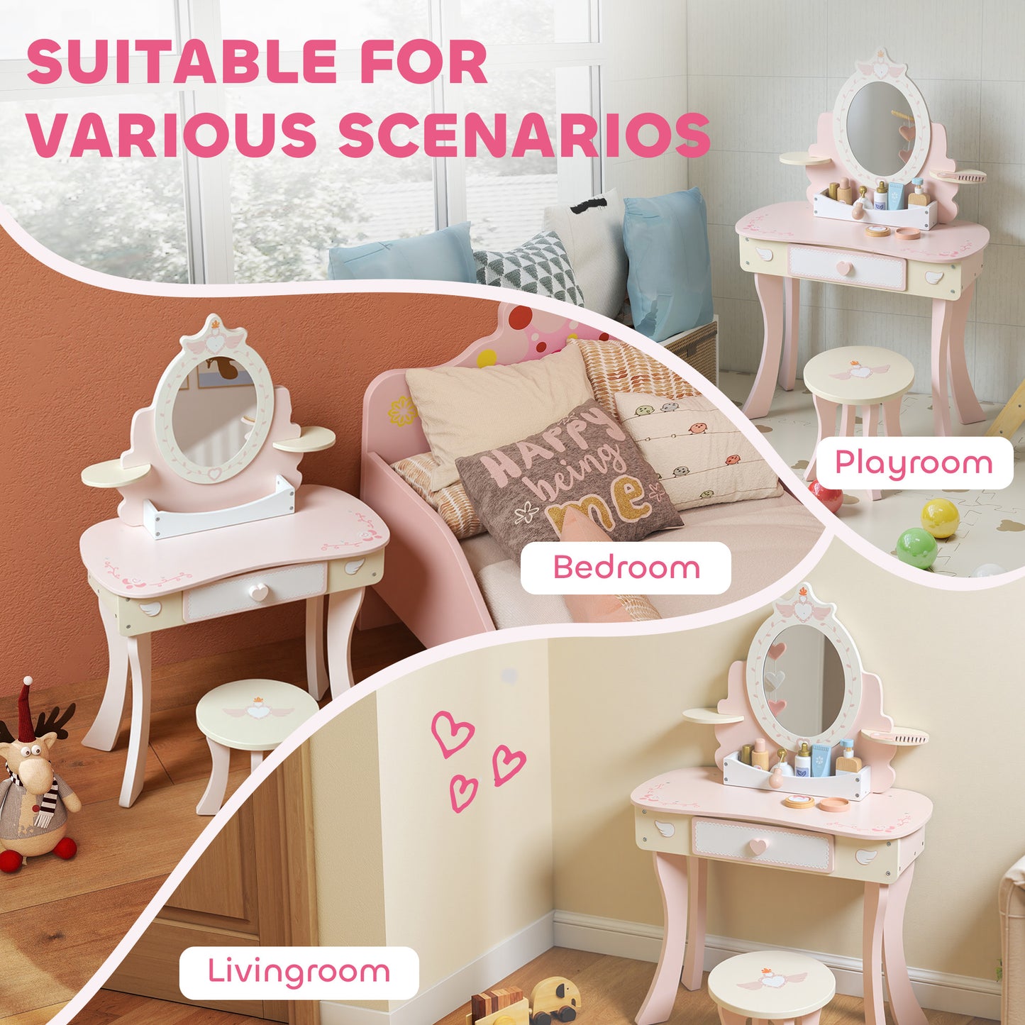 AIYAPLAY Kids Dressing Table, Girls Vanity Set with Mirror and Stool, 7 Play Accessories, Drawer, Desktop Storage, Pink