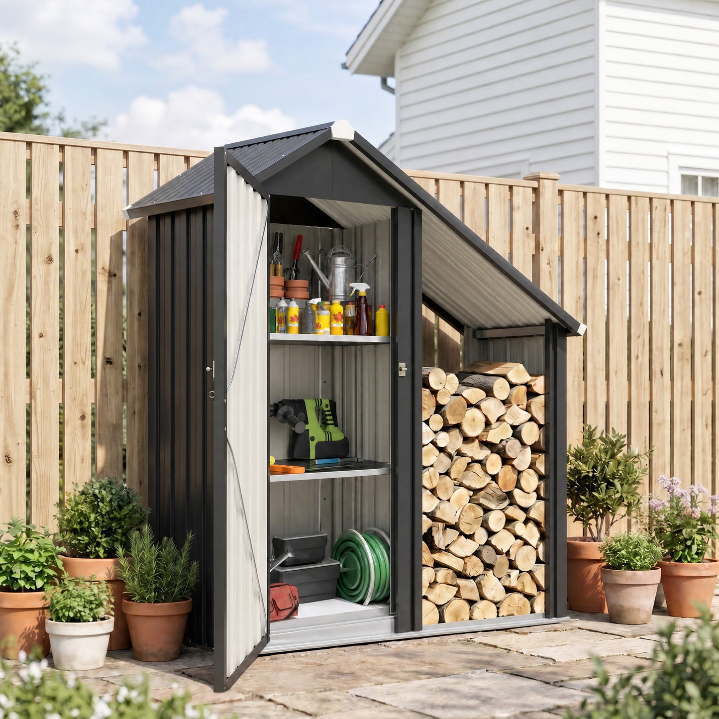 Outsunny 2 in 1 Galvanised Steel Firewood Shed, Outdoor Log Storage Shed with Tool Cabinet and Firewood Rack, Dark Grey
