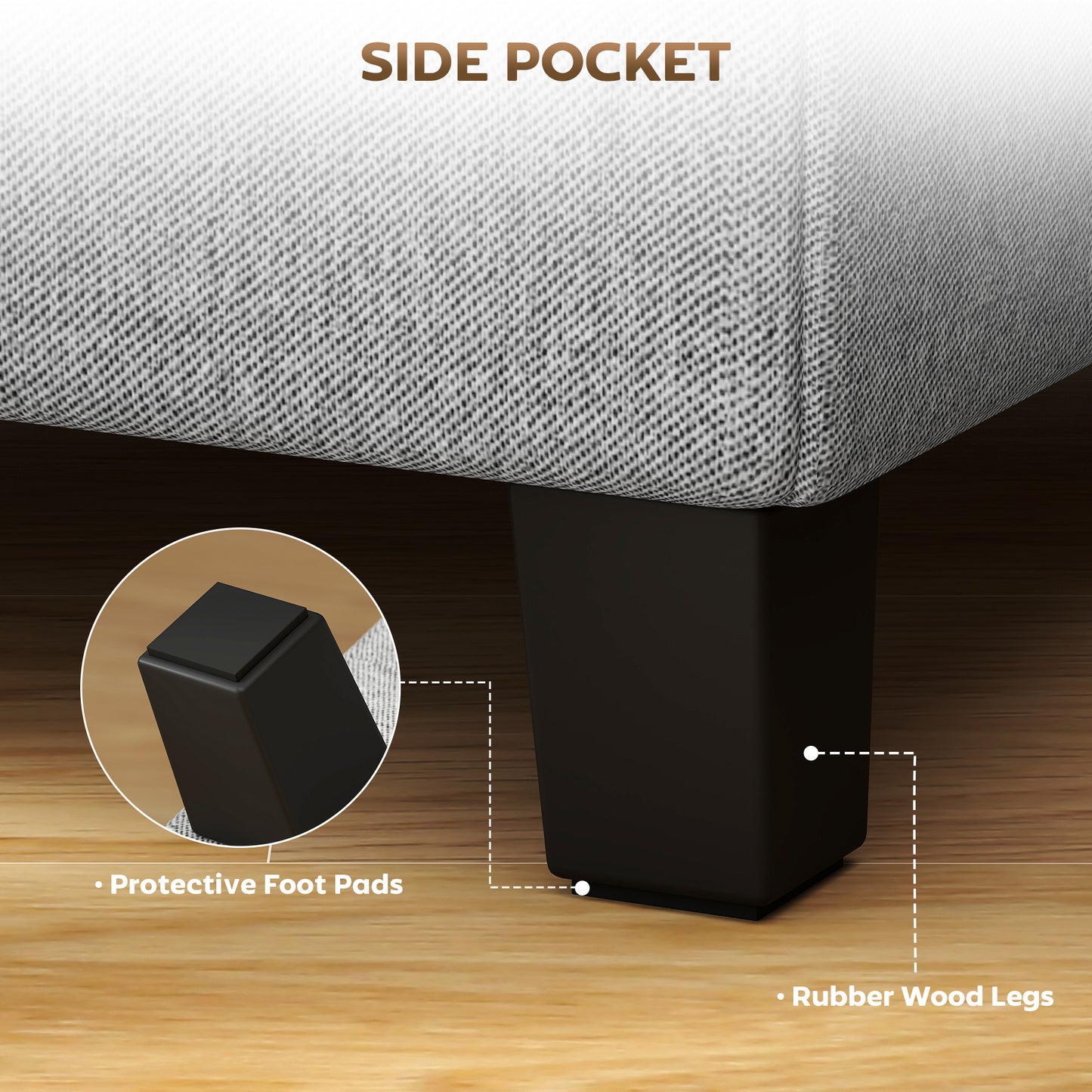 HOMCOM Square Footstool, Small Ottoman with Side Pocket, Linen Fabric, Rubber Wood Legs, Padded Seat, 35x35x35cm, Light Grey