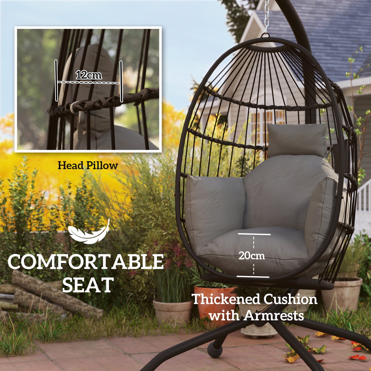 Outsunny Hanging Egg Chair: Indoor/Outdoor Swing with Stand, Cushion, Headrest, Cup Holder, Dark Grey
