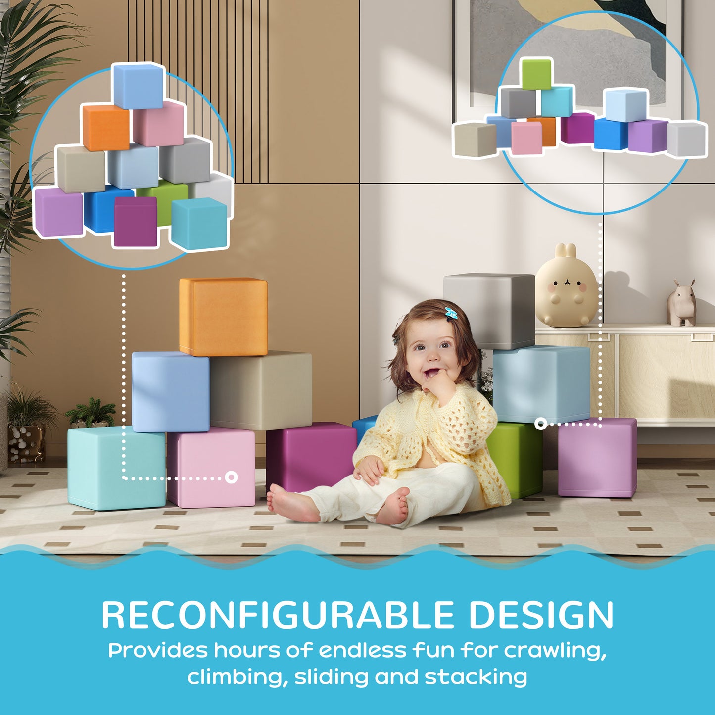 HOMCOM 12 PCs Soft Play Blocks, Soft Foam Toy, Building and Stacking Blocks for Kids, Multicoloured
